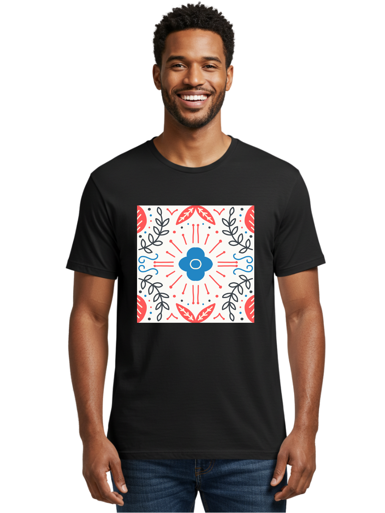 Floral-Pattern-3 Men'S Graphic Tee, 100% Cotton, Comfortable Casual Summer Wear, Machine Washable, Floral Design, Blue Flower, Red And Black Leaves, Abstract Pattern, Symmetrical Composition, Vintage Style, Decorative Elements, Aab713