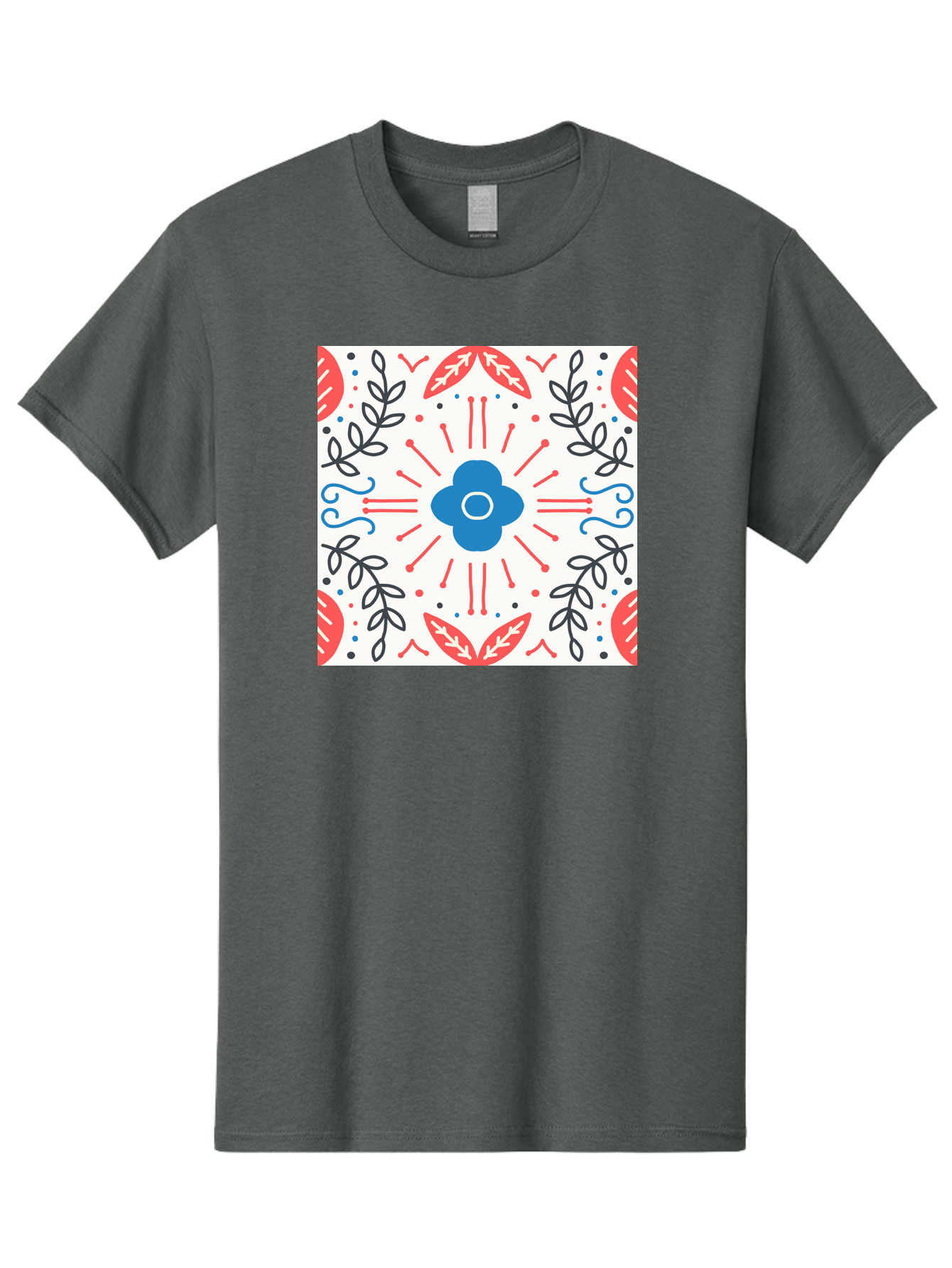 Floral-Pattern-3 Men'S Graphic Tee, 100% Cotton, Comfortable Casual Summer Wear, Machine Washable, Floral Design, Blue Flower, Red And Black Leaves, Abstract Pattern, Symmetrical Composition, Vintage Style, Decorative Elements, Aab713