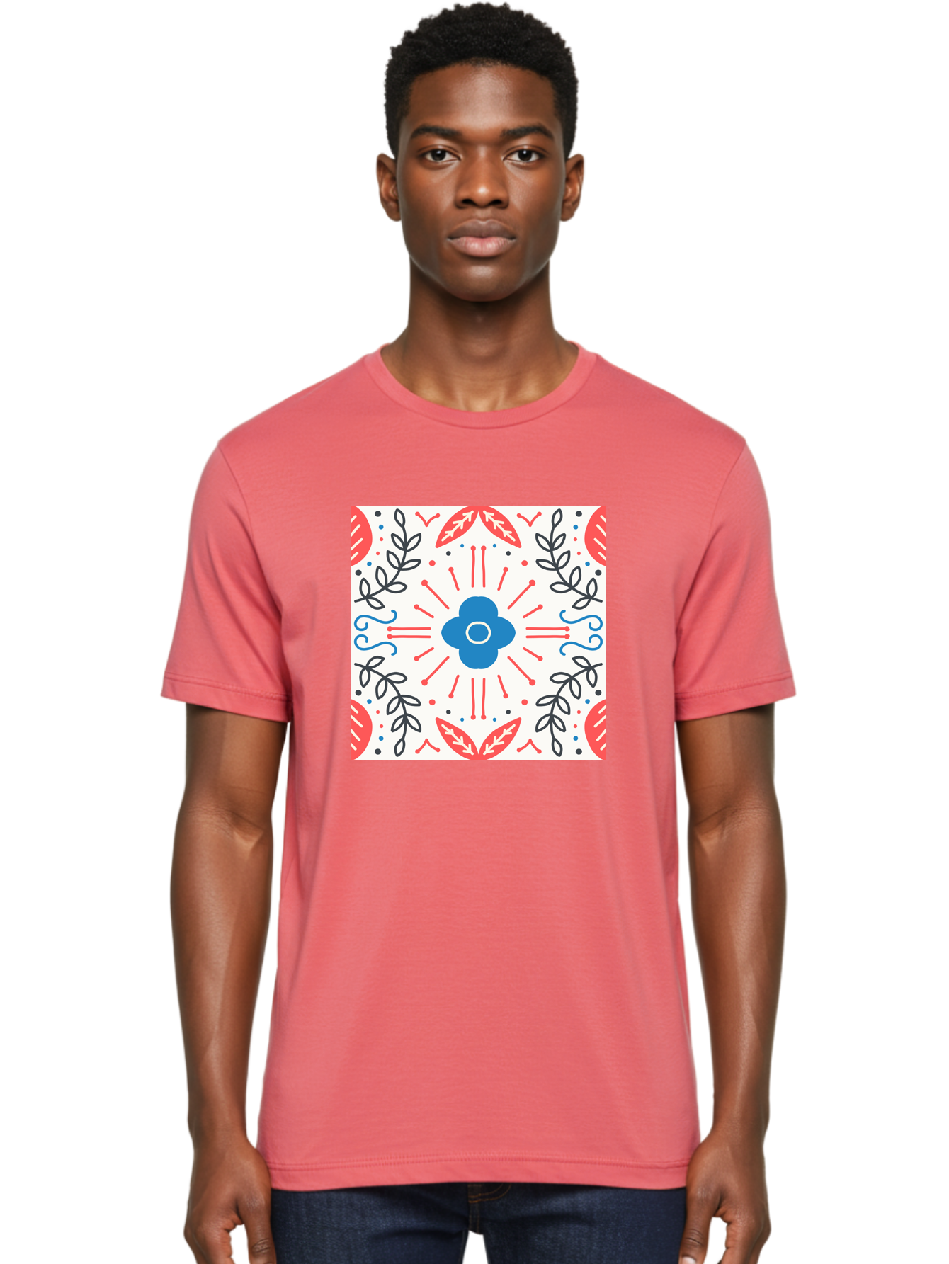 Floral-Pattern-3 Men'S Graphic Tee, 100% Cotton, Comfortable Casual Summer Wear, Machine Washable, Floral Design, Blue Flower, Red And Black Leaves, Abstract Pattern, Symmetrical Composition, Vintage Style, Decorative Elements, Aab713
