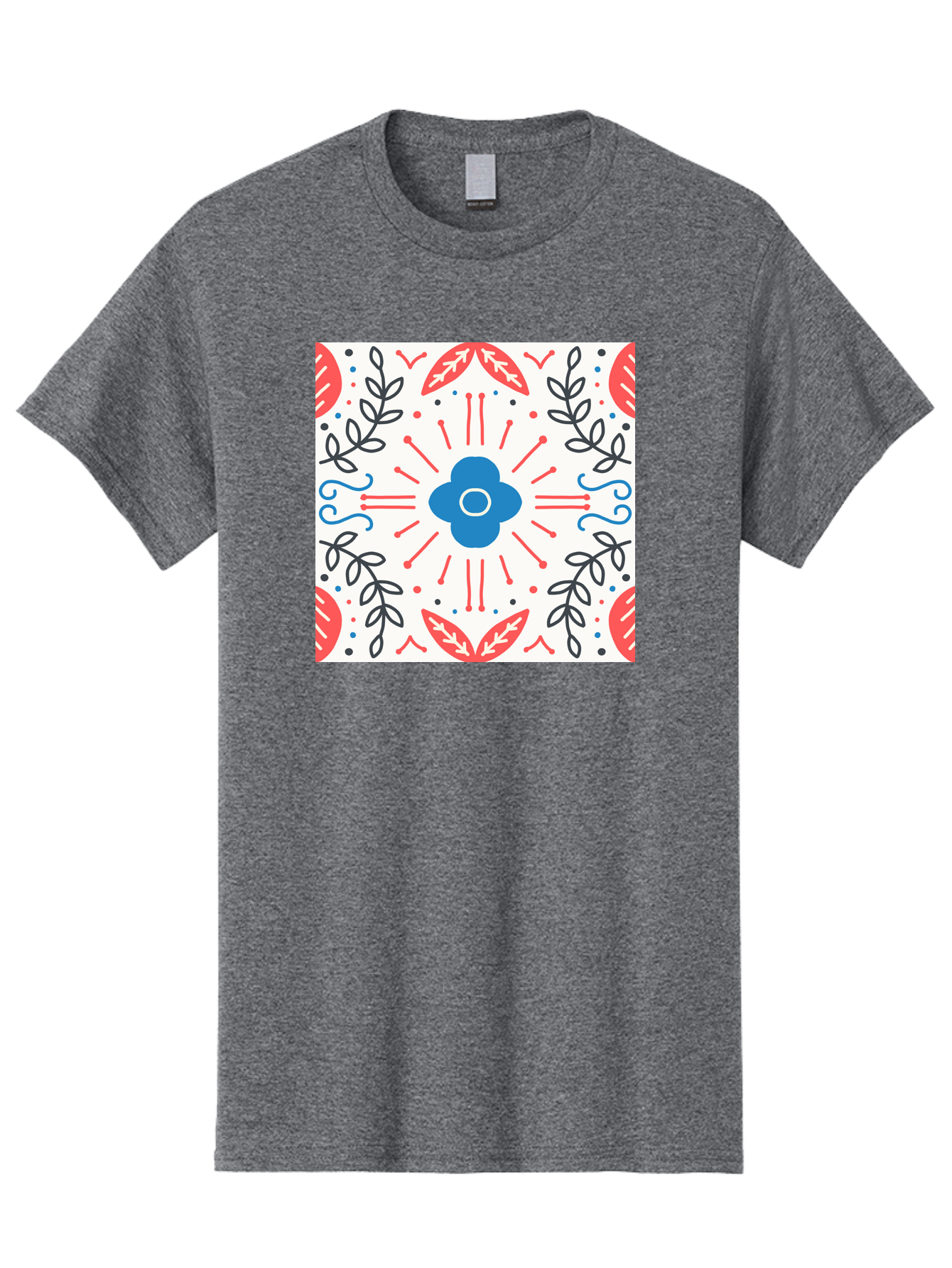 Floral-Pattern-3 Men'S Graphic Tee, 100% Cotton, Comfortable Casual Summer Wear, Machine Washable, Floral Design, Blue Flower, Red And Black Leaves, Abstract Pattern, Symmetrical Composition, Vintage Style, Decorative Elements, Aab713