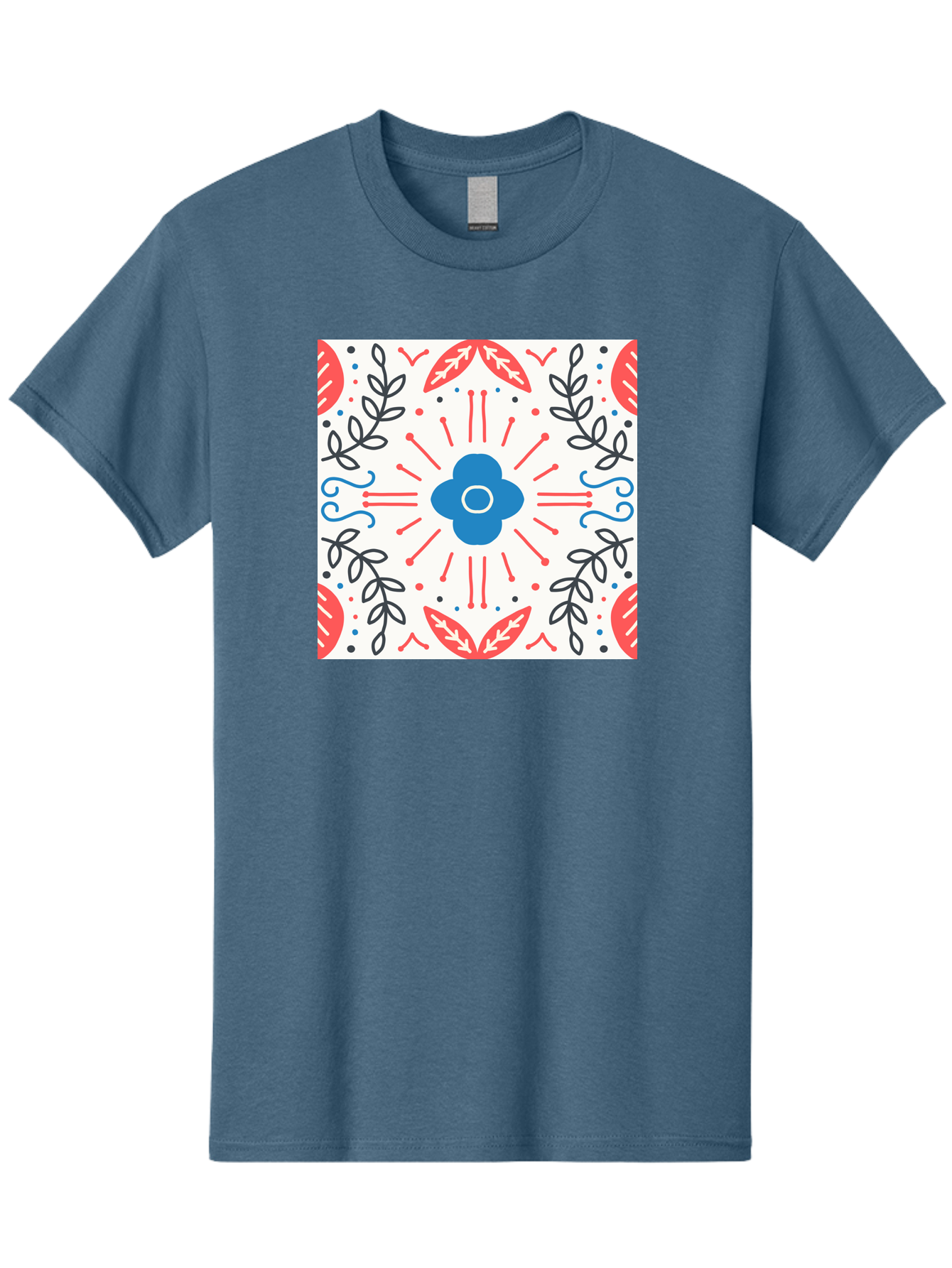 Floral-Pattern-3 Men'S Graphic Tee, 100% Cotton, Comfortable Casual Summer Wear, Machine Washable, Floral Design, Blue Flower, Red And Black Leaves, Abstract Pattern, Symmetrical Composition, Vintage Style, Decorative Elements, Aab713