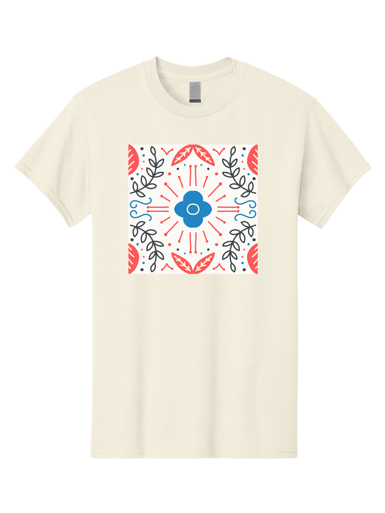 Floral-Pattern-3 Men'S Graphic Tee, 100% Cotton, Comfortable Casual Summer Wear, Machine Washable, Floral Design, Blue Flower, Red And Black Leaves, Abstract Pattern, Symmetrical Composition, Vintage Style, Decorative Elements, Aab713