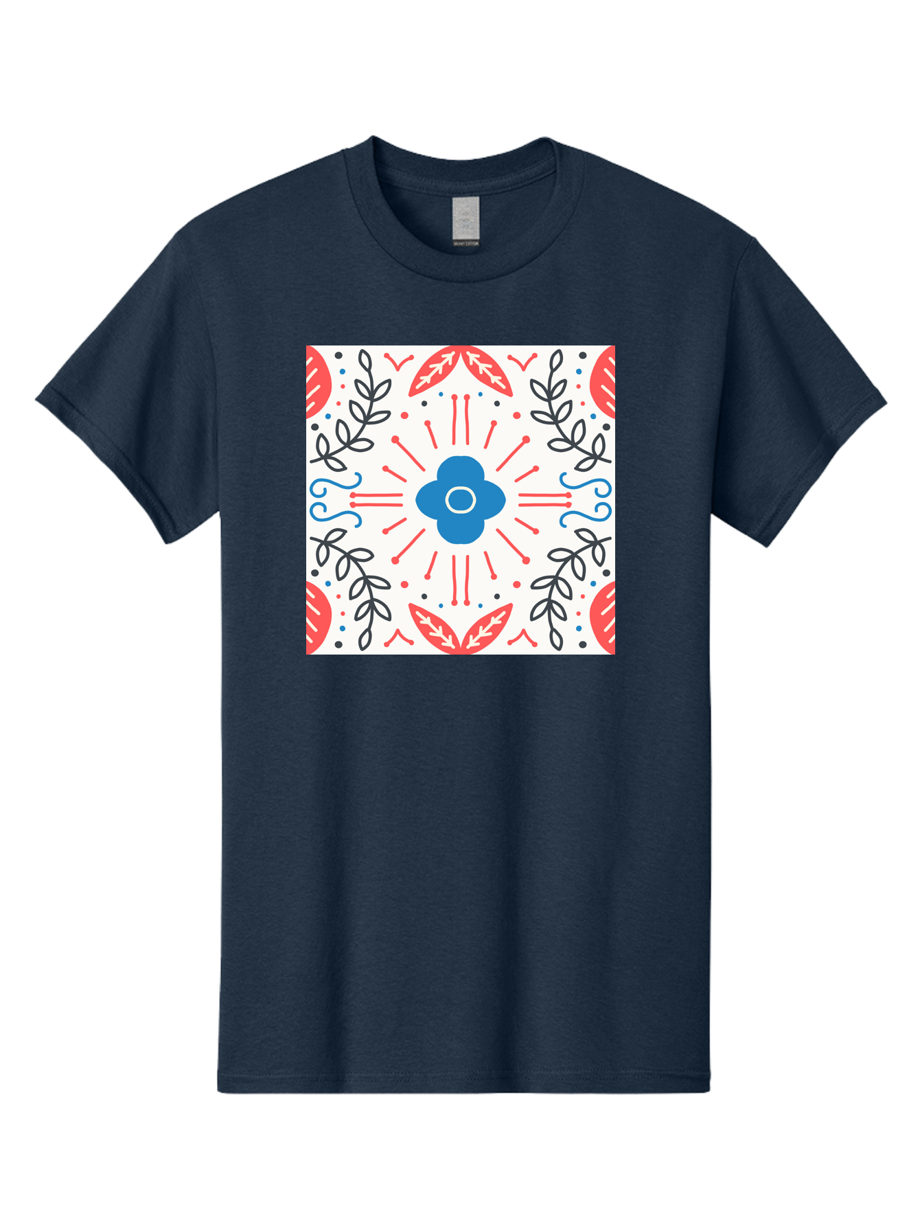 Floral-Pattern-3 Men'S Graphic Tee, 100% Cotton, Comfortable Casual Summer Wear, Machine Washable, Floral Design, Blue Flower, Red And Black Leaves, Abstract Pattern, Symmetrical Composition, Vintage Style, Decorative Elements, Aab713