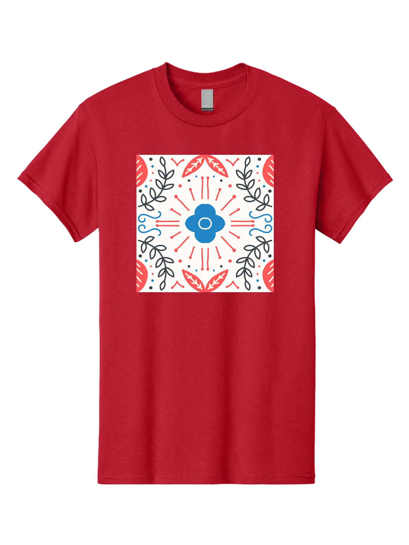 Floral-Pattern-3 Men'S Graphic Tee, 100% Cotton, Comfortable Casual Summer Wear, Machine Washable, Floral Design, Blue Flower, Red And Black Leaves, Abstract Pattern, Symmetrical Composition, Vintage Style, Decorative Elements, Aab713