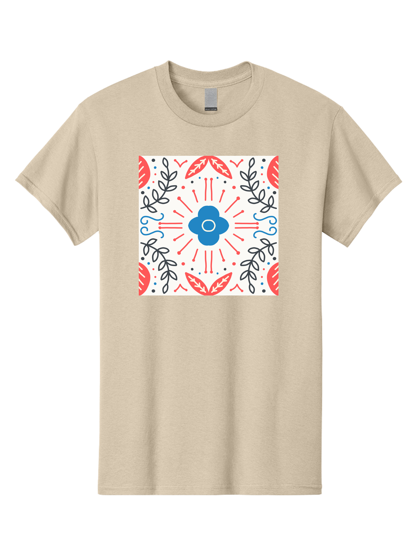 Floral-Pattern-3 Men'S Graphic Tee, 100% Cotton, Comfortable Casual Summer Wear, Machine Washable, Floral Design, Blue Flower, Red And Black Leaves, Abstract Pattern, Symmetrical Composition, Vintage Style, Decorative Elements, Aab713