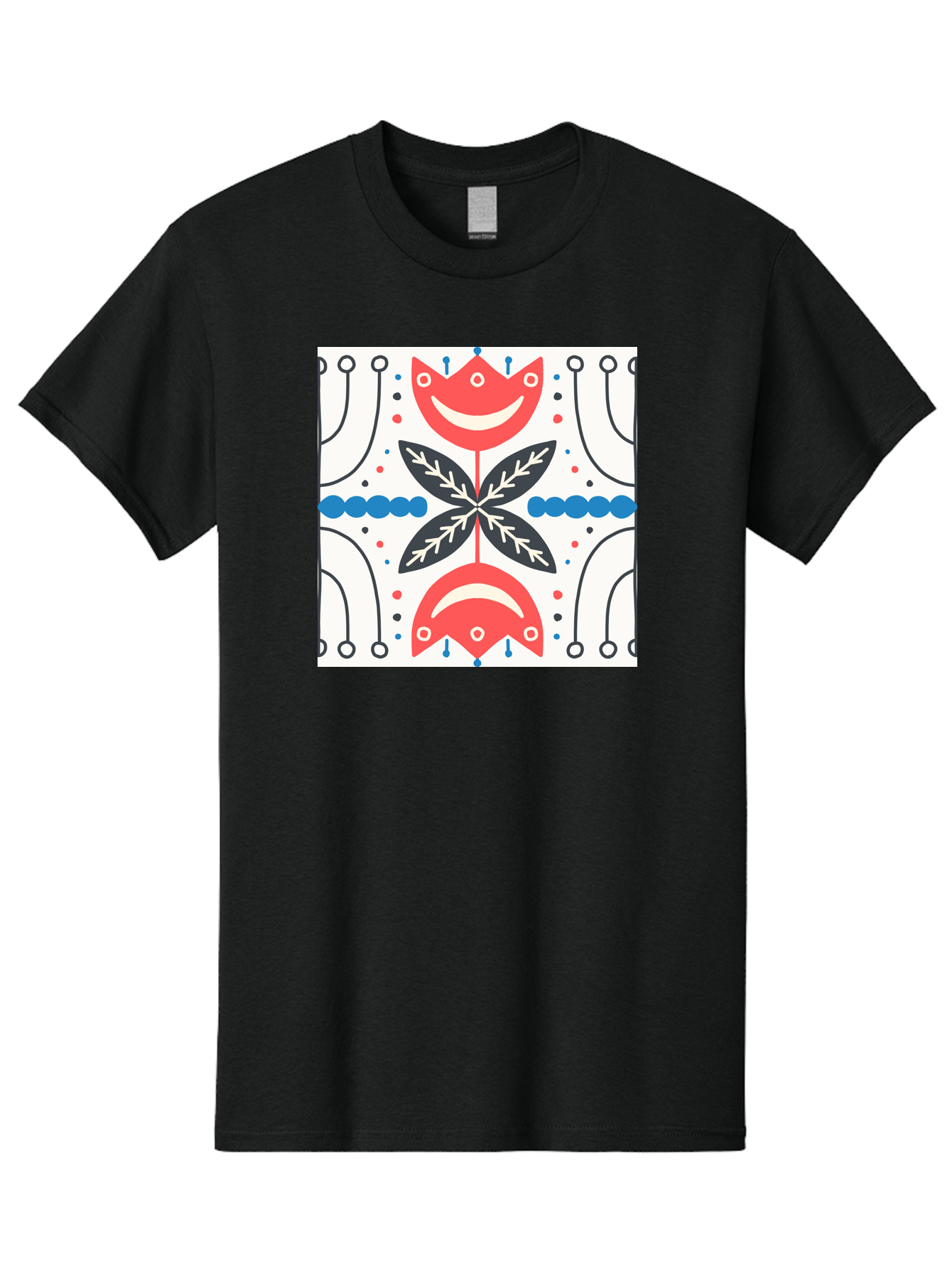 Floral-Pattern-4 Men'S Graphic Tee, 100% Cotton, Comfortable Casual Summer Wear, Machine Washable, Abstract Floral Design, Symmetrical Pattern, Red And Black Petals, White Accents, Blue Dots, Minimalist Style, Modern Graphic, Aab714