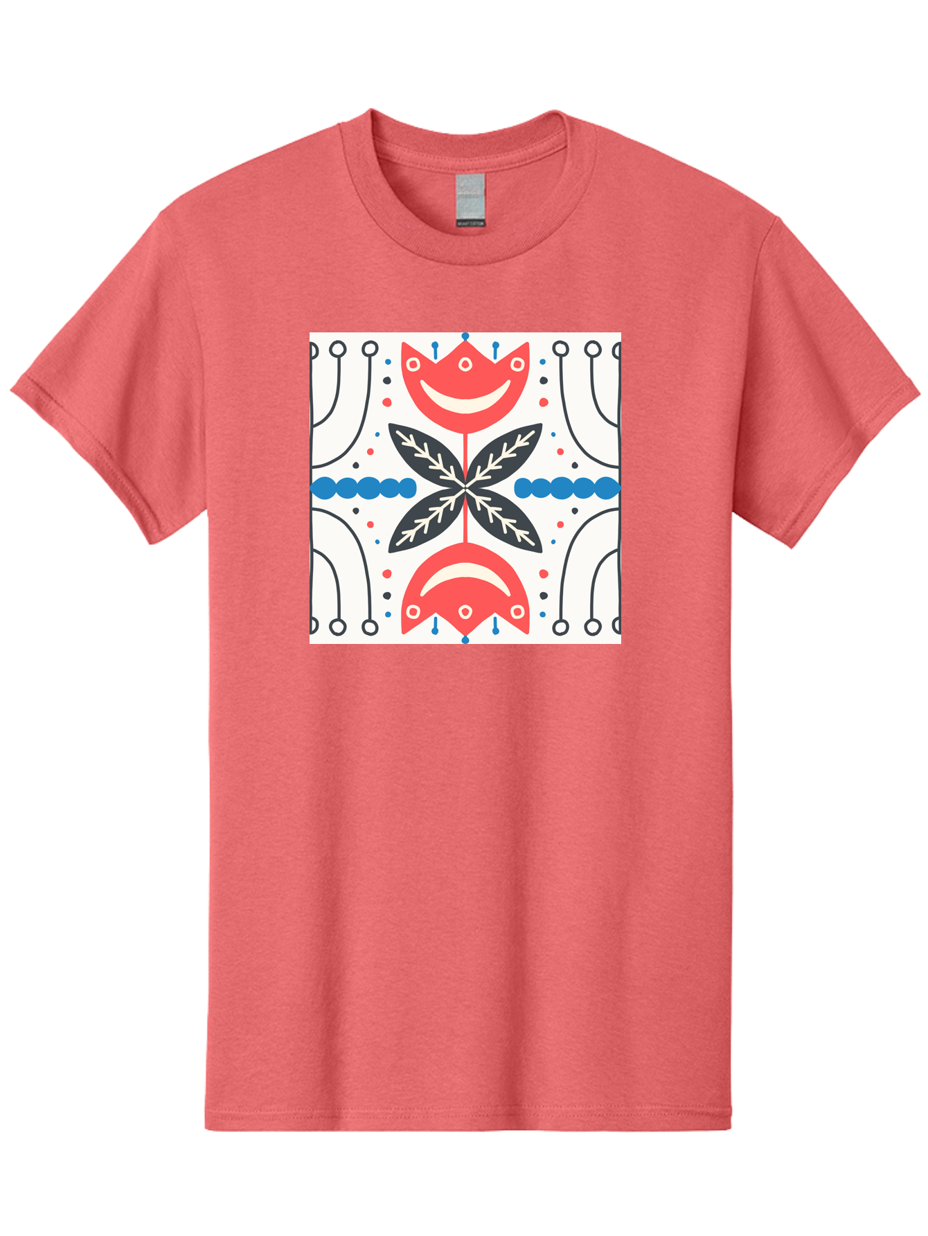 Floral-Pattern-4 Men'S Graphic Tee, 100% Cotton, Comfortable Casual Summer Wear, Machine Washable, Abstract Floral Design, Symmetrical Pattern, Red And Black Petals, White Accents, Blue Dots, Minimalist Style, Modern Graphic, Aab714