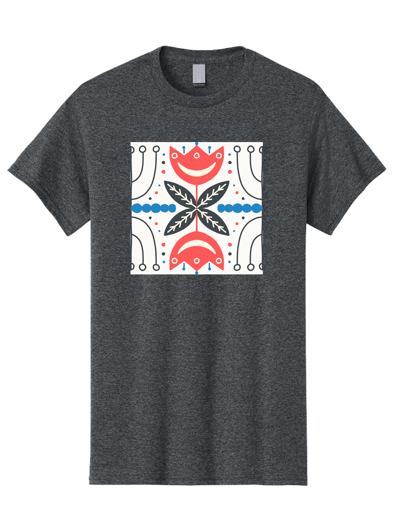 Floral-Pattern-4 Men'S Graphic Tee, 100% Cotton, Comfortable Casual Summer Wear, Machine Washable, Abstract Floral Design, Symmetrical Pattern, Red And Black Petals, White Accents, Blue Dots, Minimalist Style, Modern Graphic, Aab714