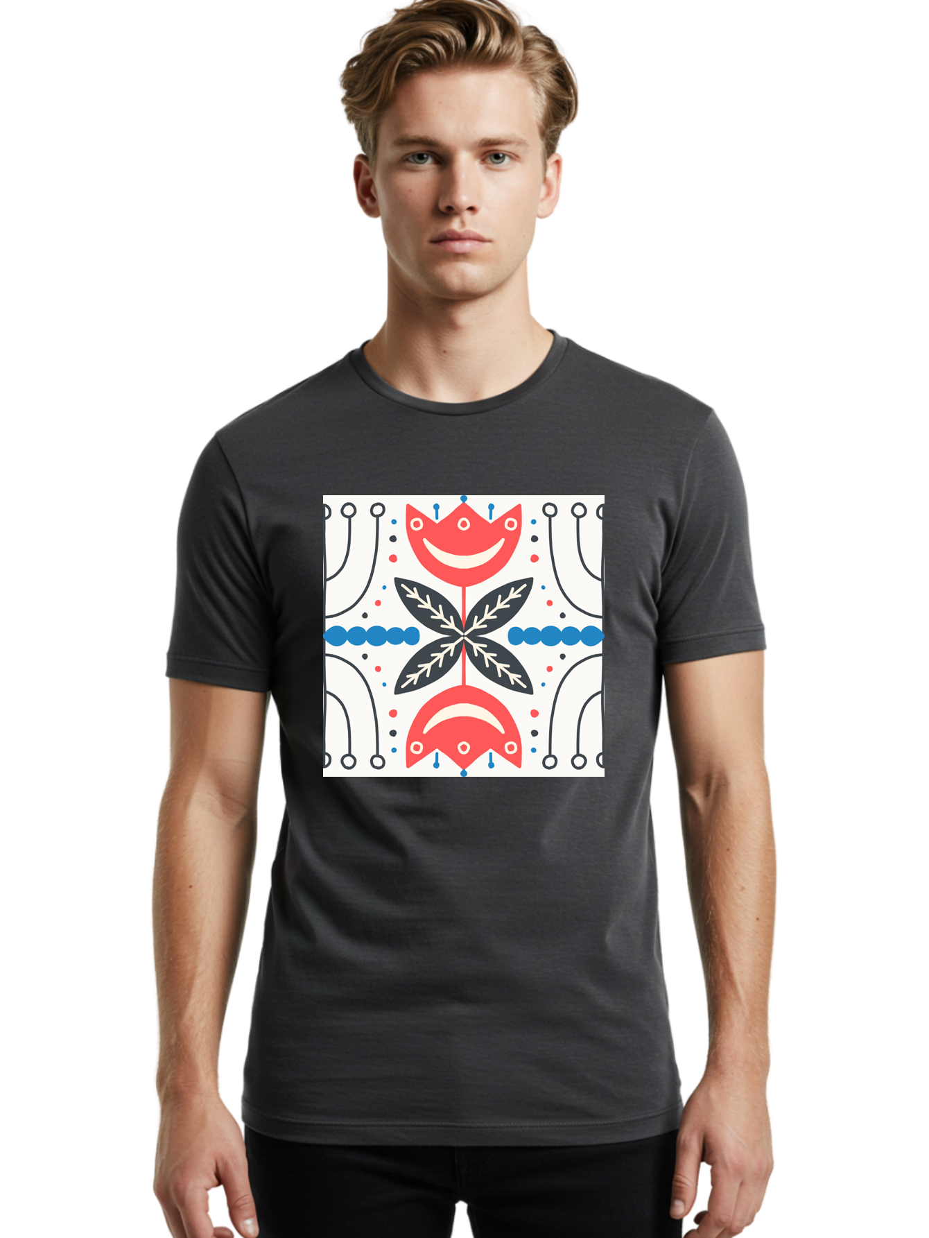 Floral-Pattern-4 Men'S Graphic Tee, 100% Cotton, Comfortable Casual Summer Wear, Machine Washable, Abstract Floral Design, Symmetrical Pattern, Red And Black Petals, White Accents, Blue Dots, Minimalist Style, Modern Graphic, Aab714