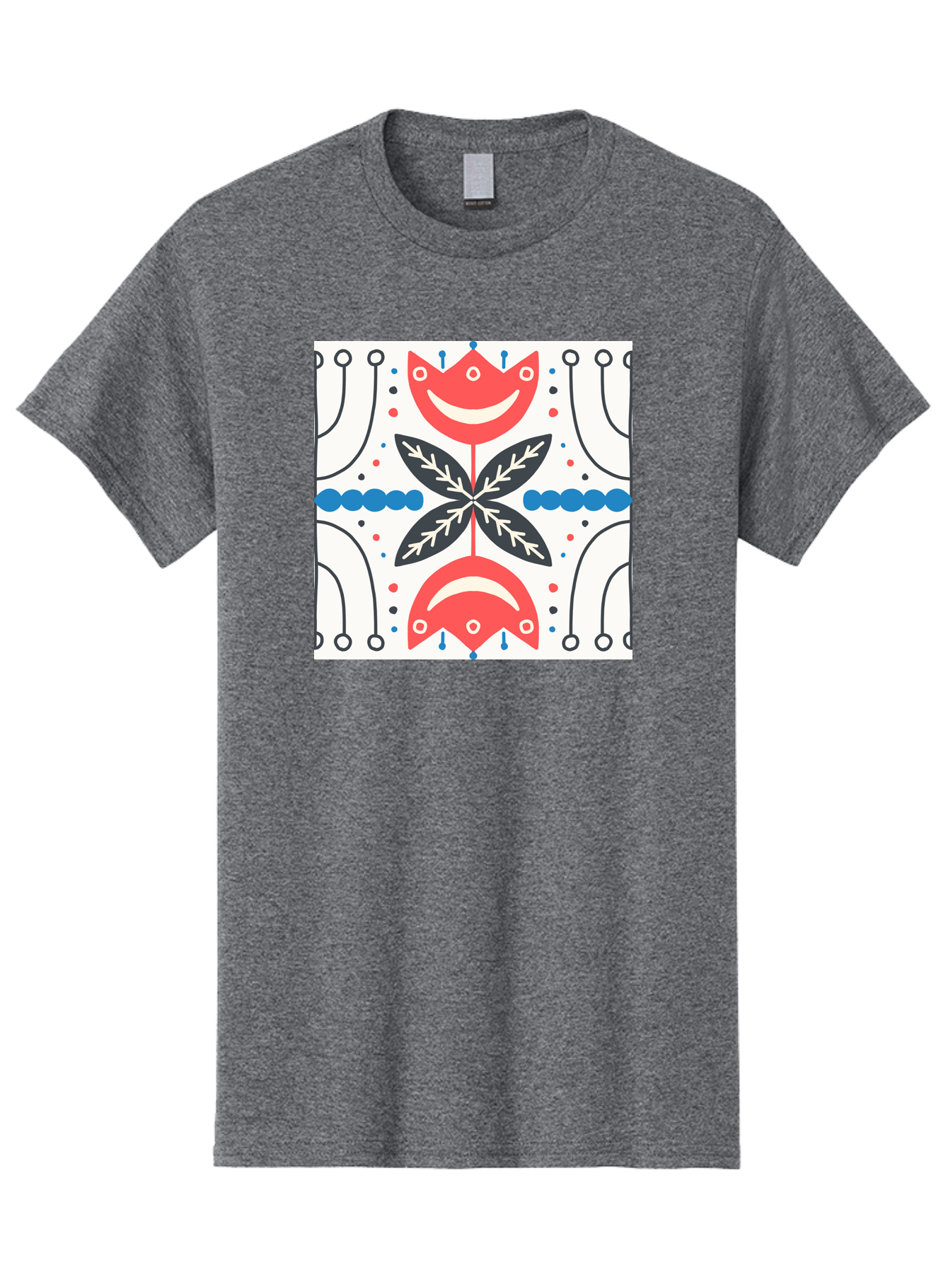 Floral-Pattern-4 Men'S Graphic Tee, 100% Cotton, Comfortable Casual Summer Wear, Machine Washable, Abstract Floral Design, Symmetrical Pattern, Red And Black Petals, White Accents, Blue Dots, Minimalist Style, Modern Graphic, Aab714