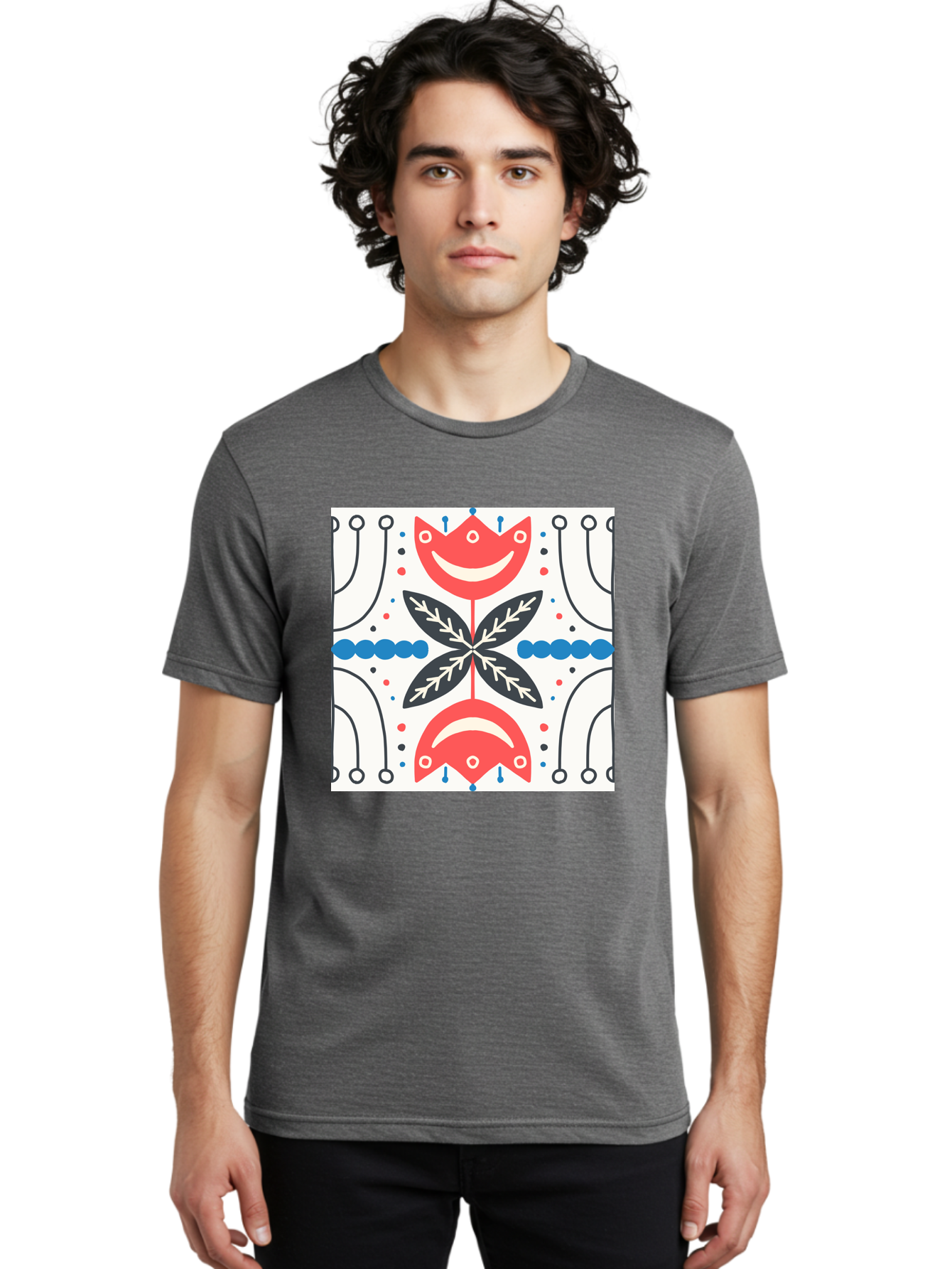 Floral-Pattern-4 Men'S Graphic Tee, 100% Cotton, Comfortable Casual Summer Wear, Machine Washable, Abstract Floral Design, Symmetrical Pattern, Red And Black Petals, White Accents, Blue Dots, Minimalist Style, Modern Graphic, Aab714