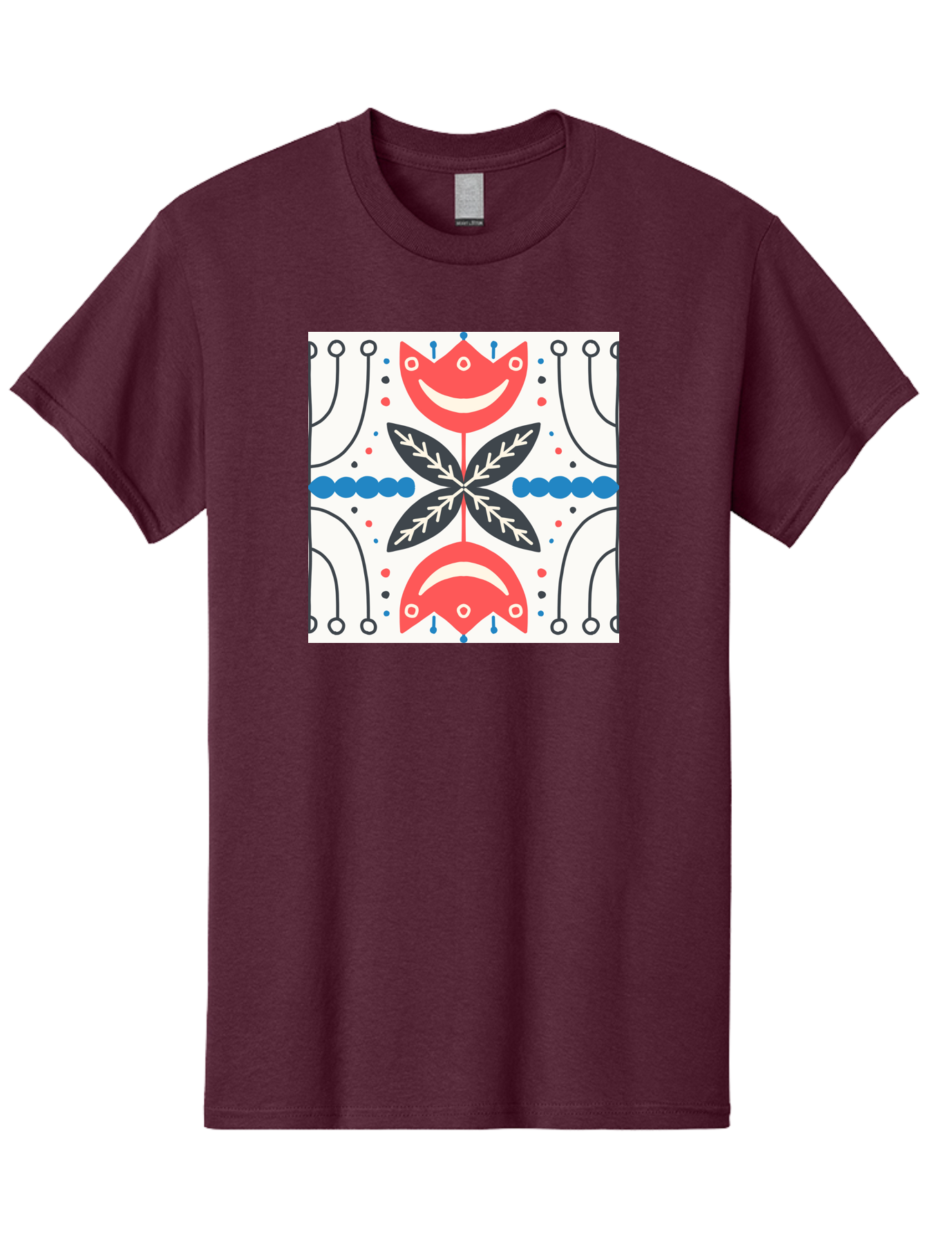 Floral-Pattern-4 Men'S Graphic Tee, 100% Cotton, Comfortable Casual Summer Wear, Machine Washable, Abstract Floral Design, Symmetrical Pattern, Red And Black Petals, White Accents, Blue Dots, Minimalist Style, Modern Graphic, Aab714