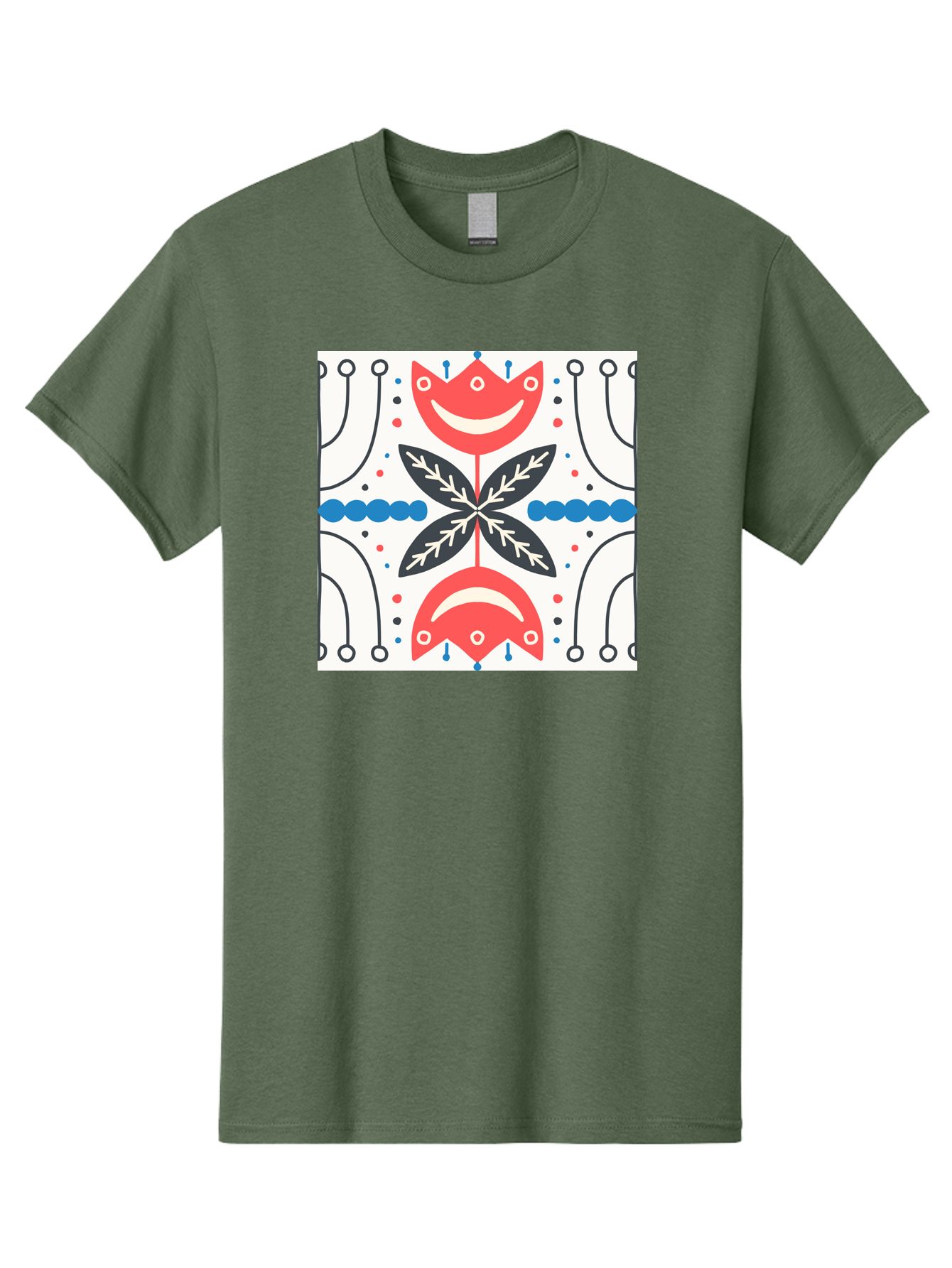 Floral-Pattern-4 Men'S Graphic Tee, 100% Cotton, Comfortable Casual Summer Wear, Machine Washable, Abstract Floral Design, Symmetrical Pattern, Red And Black Petals, White Accents, Blue Dots, Minimalist Style, Modern Graphic, Aab714