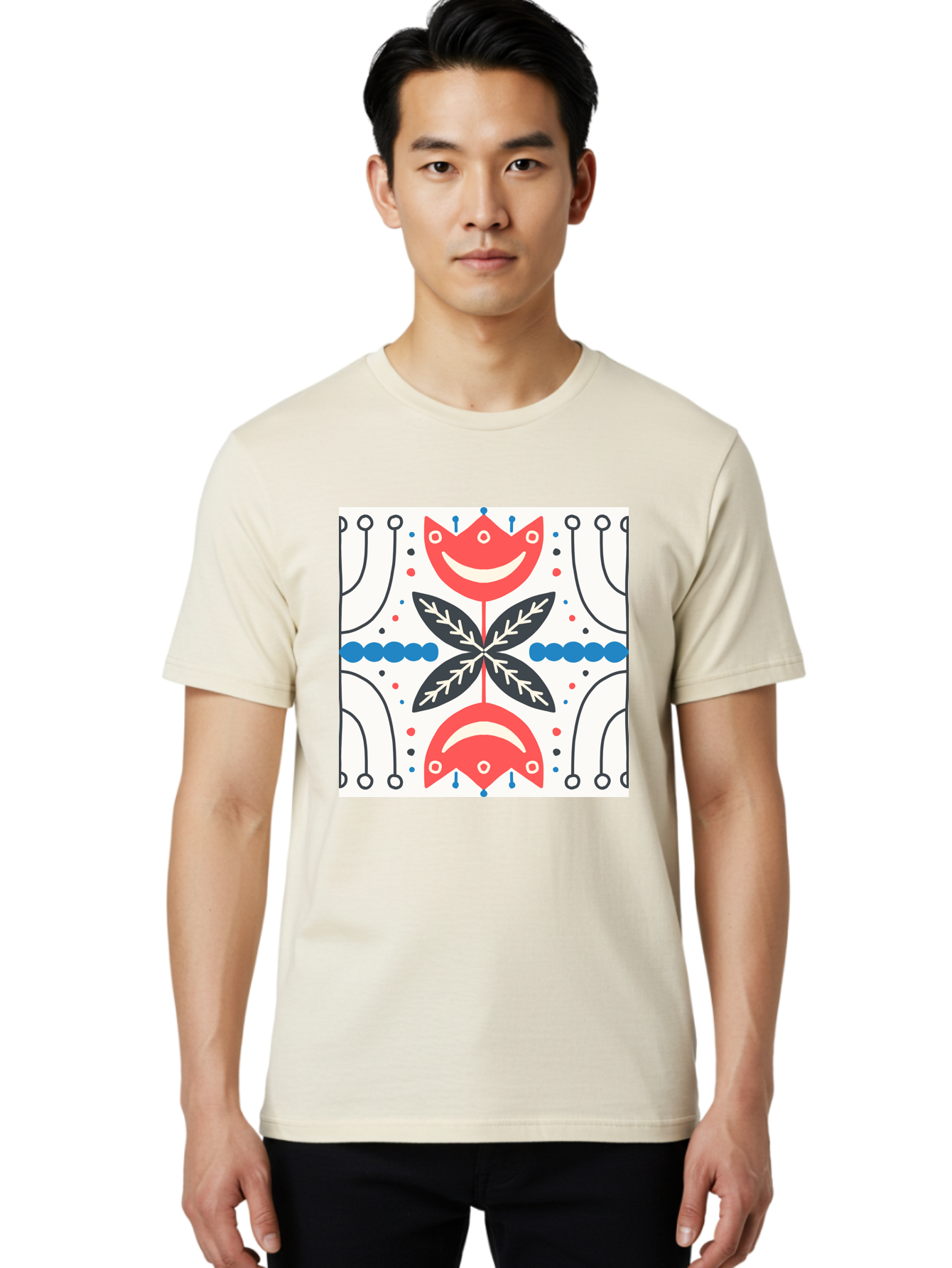 Floral-Pattern-4 Men'S Graphic Tee, 100% Cotton, Comfortable Casual Summer Wear, Machine Washable, Abstract Floral Design, Symmetrical Pattern, Red And Black Petals, White Accents, Blue Dots, Minimalist Style, Modern Graphic, Aab714