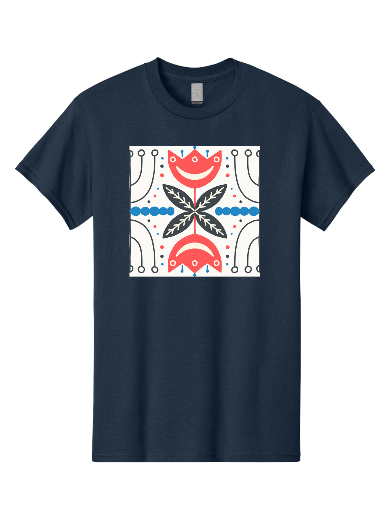Floral-Pattern-4 Men'S Graphic Tee, 100% Cotton, Comfortable Casual Summer Wear, Machine Washable, Abstract Floral Design, Symmetrical Pattern, Red And Black Petals, White Accents, Blue Dots, Minimalist Style, Modern Graphic, Aab714