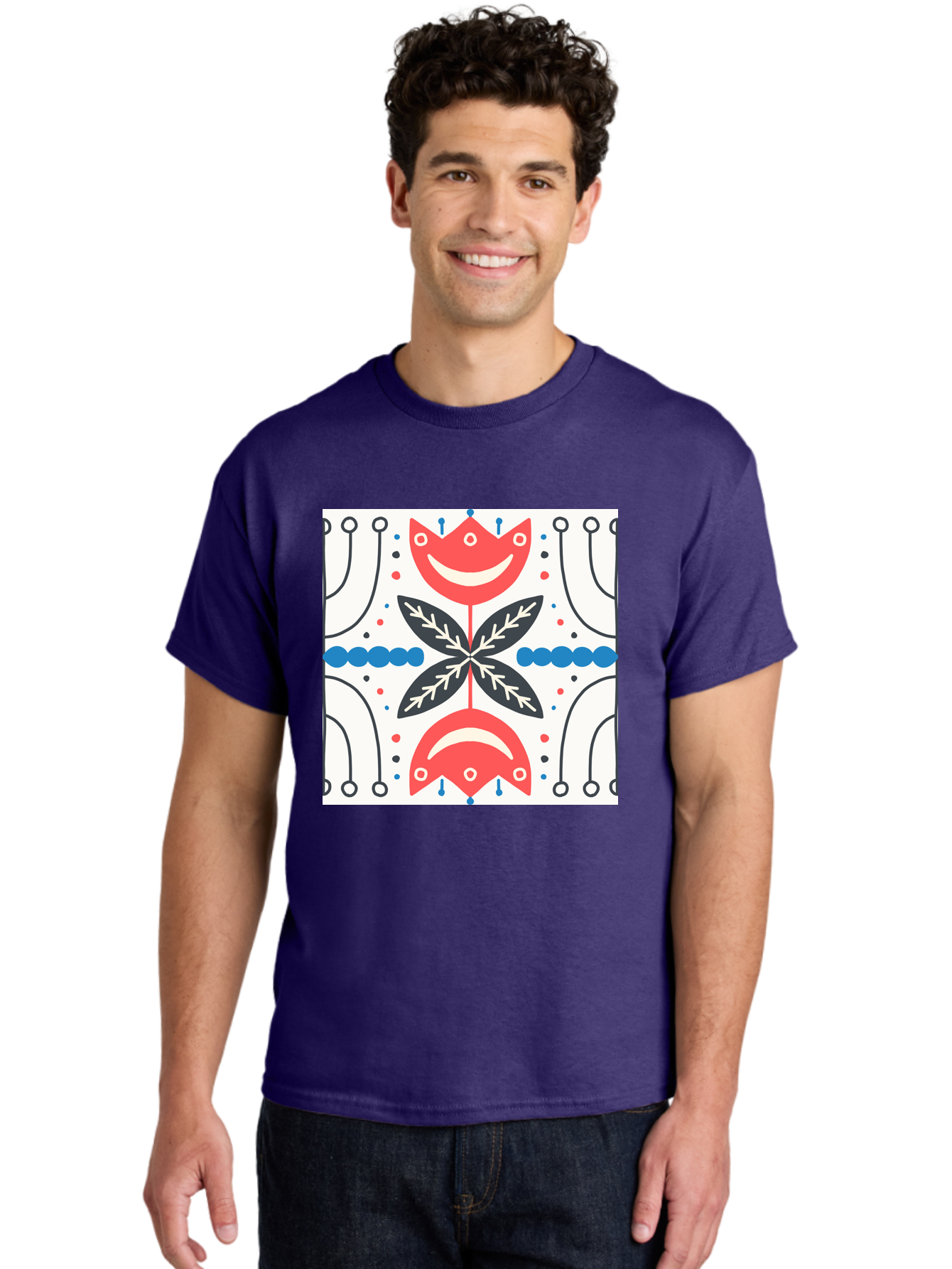 Floral-Pattern-4 Men'S Graphic Tee, 100% Cotton, Comfortable Casual Summer Wear, Machine Washable, Abstract Floral Design, Symmetrical Pattern, Red And Black Petals, White Accents, Blue Dots, Minimalist Style, Modern Graphic, Aab714