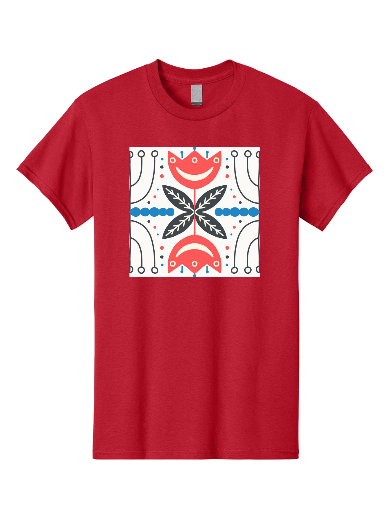 Floral-Pattern-4 Men'S Graphic Tee, 100% Cotton, Comfortable Casual Summer Wear, Machine Washable, Abstract Floral Design, Symmetrical Pattern, Red And Black Petals, White Accents, Blue Dots, Minimalist Style, Modern Graphic, Aab714