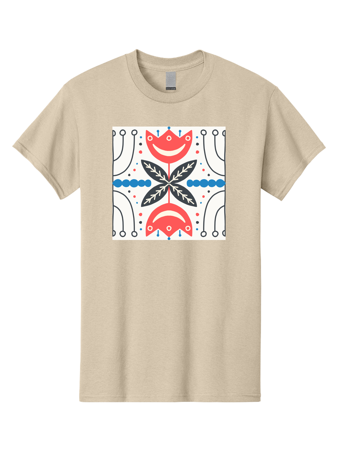 Floral-Pattern-4 Men'S Graphic Tee, 100% Cotton, Comfortable Casual Summer Wear, Machine Washable, Abstract Floral Design, Symmetrical Pattern, Red And Black Petals, White Accents, Blue Dots, Minimalist Style, Modern Graphic, Aab714