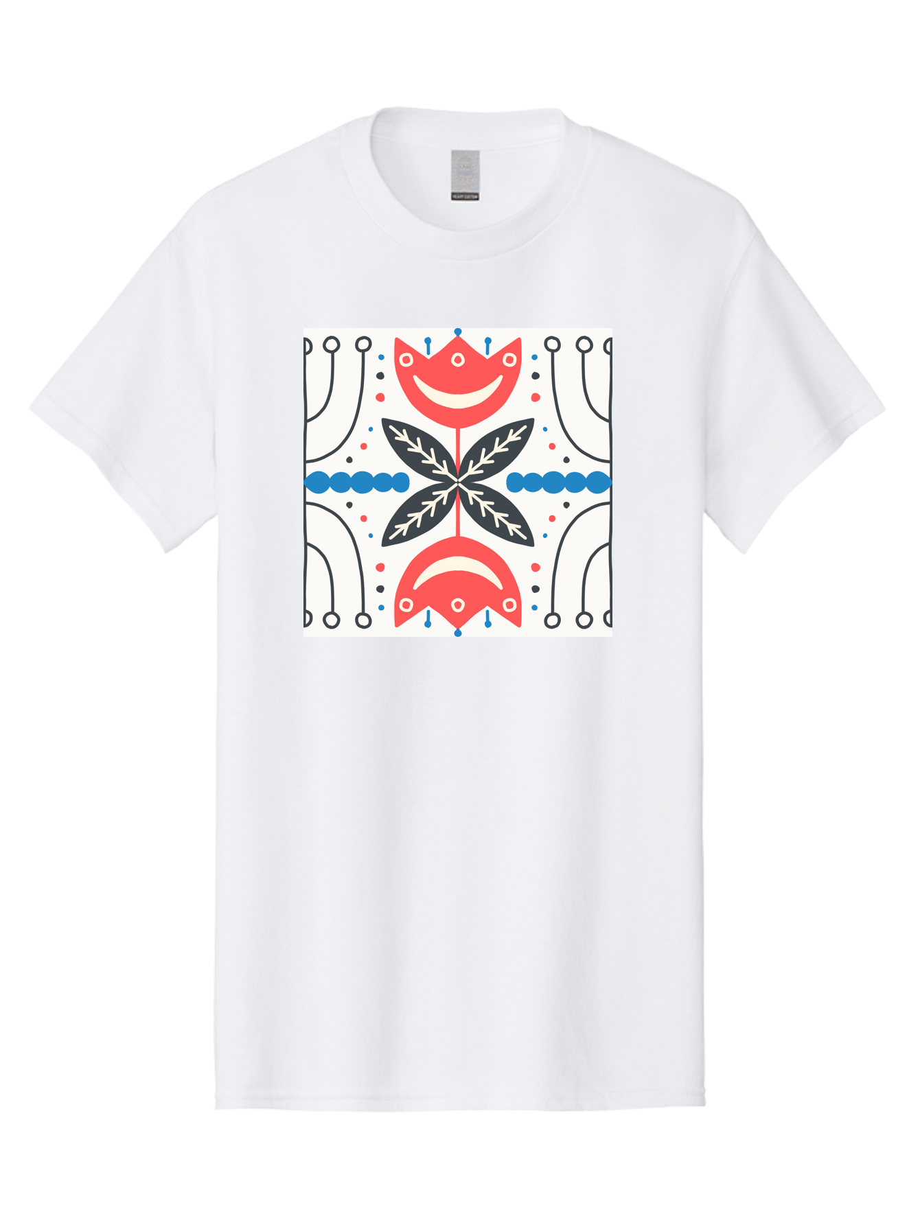 Floral-Pattern-4 Men'S Graphic Tee, 100% Cotton, Comfortable Casual Summer Wear, Machine Washable, Abstract Floral Design, Symmetrical Pattern, Red And Black Petals, White Accents, Blue Dots, Minimalist Style, Modern Graphic, Aab714