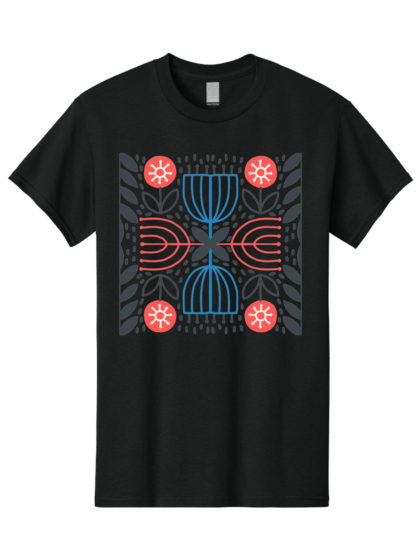 Floral-Pattern-5 Men'S Graphic Tee, 100% Cotton, Comfortable Casual Summer Wear, Machine Washable, Abstract Floral Pattern, Symmetrical Design, Red Flowers, White Centers, Blue And Pink Lines, Black Leaves, Geometric Shapes, Modern Art, Aab715