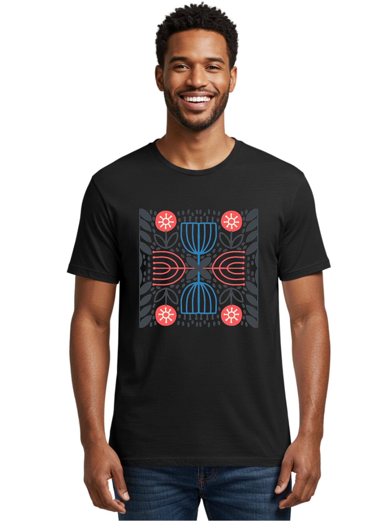 Floral-Pattern-5 Men'S Graphic Tee, 100% Cotton, Comfortable Casual Summer Wear, Machine Washable, Abstract Floral Pattern, Symmetrical Design, Red Flowers, White Centers, Blue And Pink Lines, Black Leaves, Geometric Shapes, Modern Art, Aab715