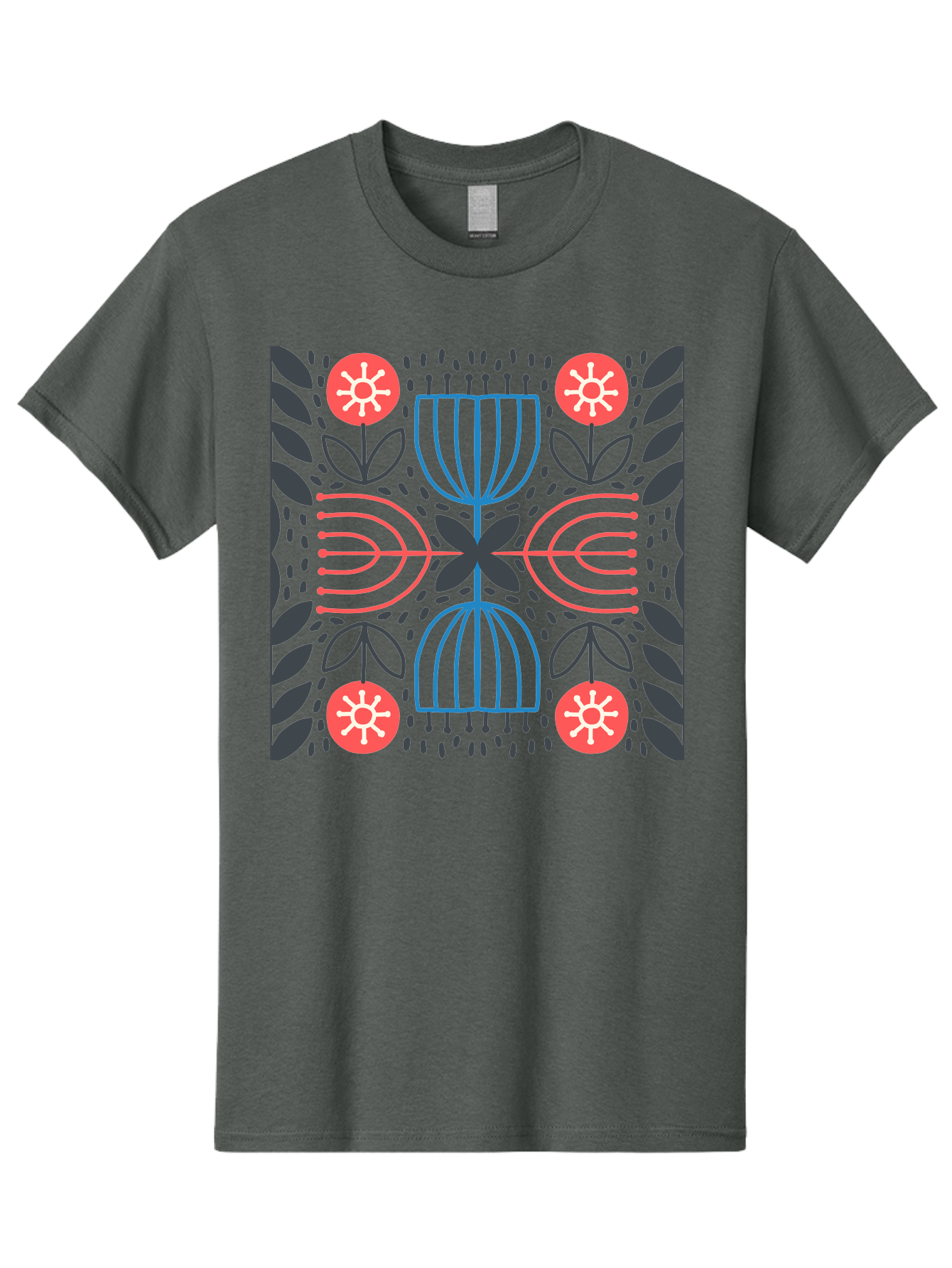 Floral-Pattern-5 Men'S Graphic Tee, 100% Cotton, Comfortable Casual Summer Wear, Machine Washable, Abstract Floral Pattern, Symmetrical Design, Red Flowers, White Centers, Blue And Pink Lines, Black Leaves, Geometric Shapes, Modern Art, Aab715