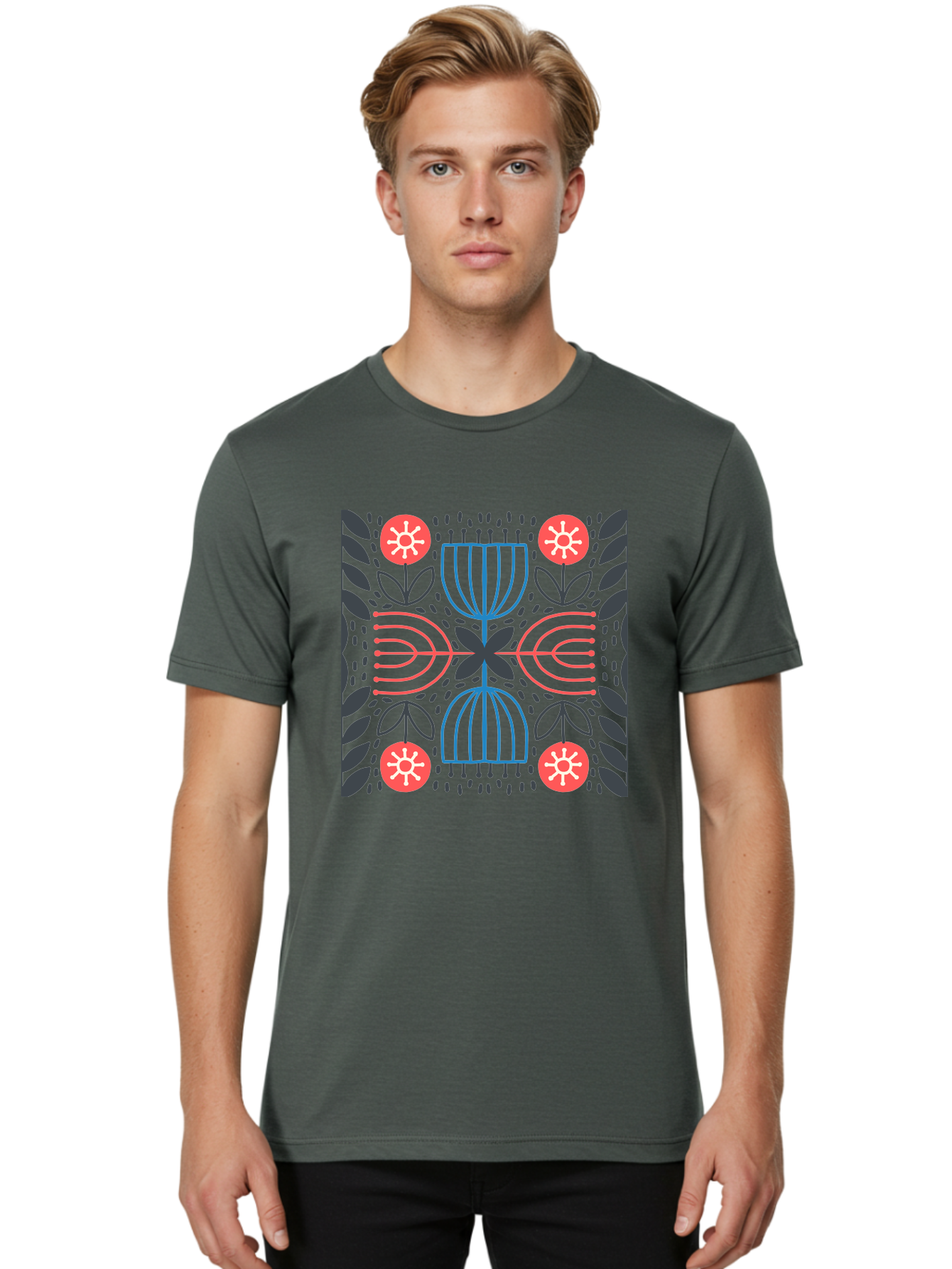 Floral-Pattern-5 Men'S Graphic Tee, 100% Cotton, Comfortable Casual Summer Wear, Machine Washable, Abstract Floral Pattern, Symmetrical Design, Red Flowers, White Centers, Blue And Pink Lines, Black Leaves, Geometric Shapes, Modern Art, Aab715