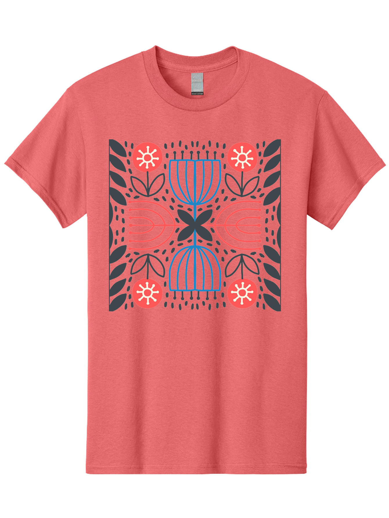 Floral-Pattern-5 Men'S Graphic Tee, 100% Cotton, Comfortable Casual Summer Wear, Machine Washable, Abstract Floral Pattern, Symmetrical Design, Red Flowers, White Centers, Blue And Pink Lines, Black Leaves, Geometric Shapes, Modern Art, Aab715