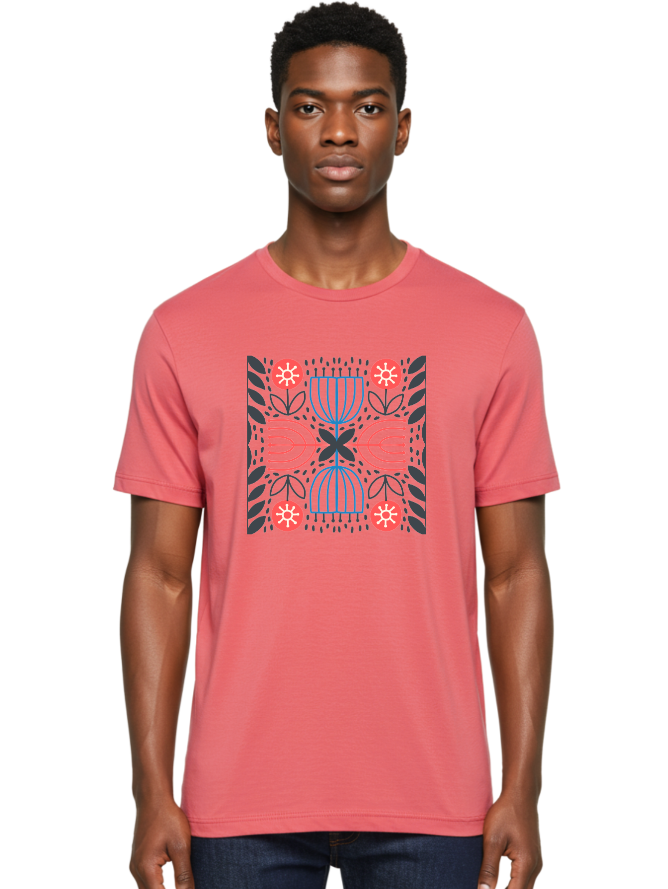 Floral-Pattern-5 Men'S Graphic Tee, 100% Cotton, Comfortable Casual Summer Wear, Machine Washable, Abstract Floral Pattern, Symmetrical Design, Red Flowers, White Centers, Blue And Pink Lines, Black Leaves, Geometric Shapes, Modern Art, Aab715