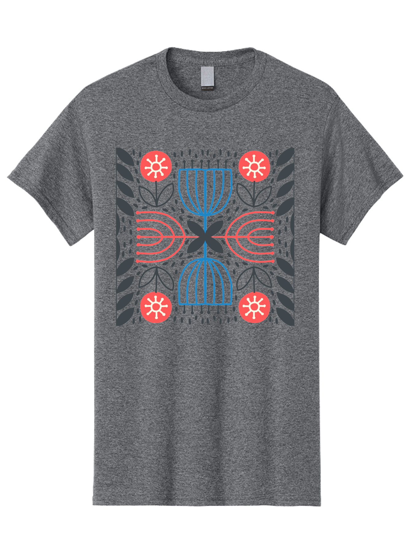 Floral-Pattern-5 Men'S Graphic Tee, 100% Cotton, Comfortable Casual Summer Wear, Machine Washable, Abstract Floral Pattern, Symmetrical Design, Red Flowers, White Centers, Blue And Pink Lines, Black Leaves, Geometric Shapes, Modern Art, Aab715