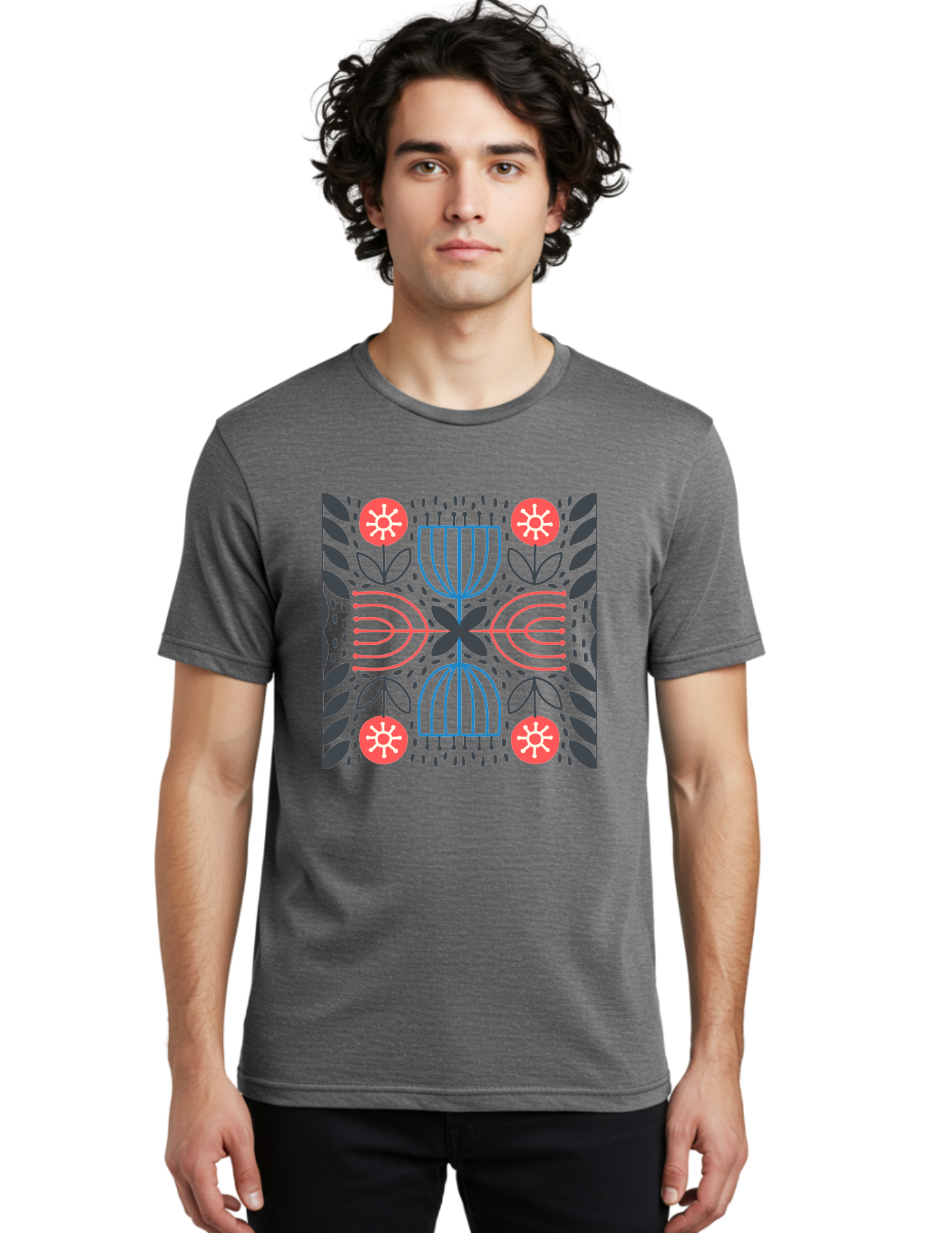 Floral-Pattern-5 Men'S Graphic Tee, 100% Cotton, Comfortable Casual Summer Wear, Machine Washable, Abstract Floral Pattern, Symmetrical Design, Red Flowers, White Centers, Blue And Pink Lines, Black Leaves, Geometric Shapes, Modern Art, Aab715