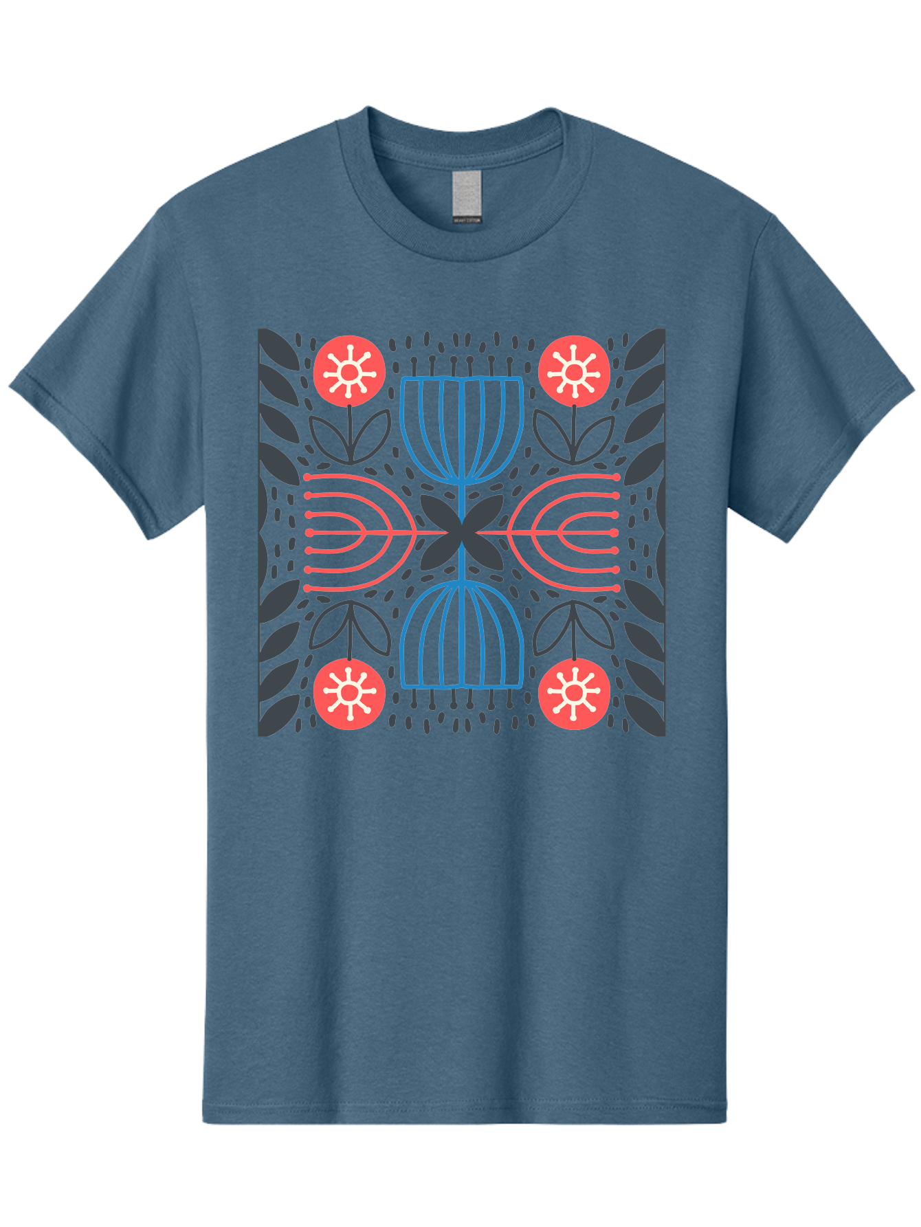 Floral-Pattern-5 Men'S Graphic Tee, 100% Cotton, Comfortable Casual Summer Wear, Machine Washable, Abstract Floral Pattern, Symmetrical Design, Red Flowers, White Centers, Blue And Pink Lines, Black Leaves, Geometric Shapes, Modern Art, Aab715