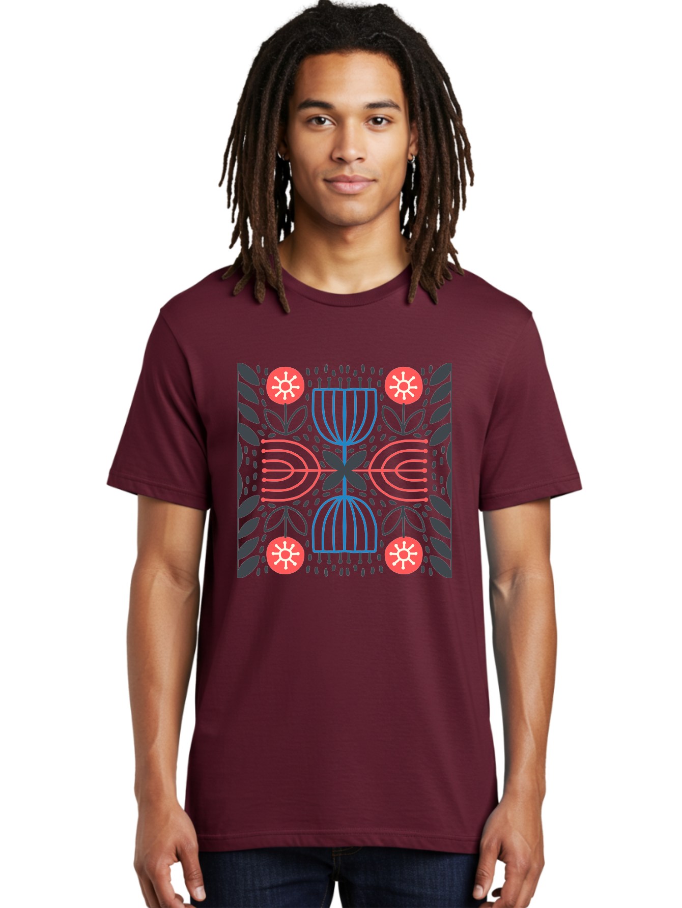 Floral-Pattern-5 Men'S Graphic Tee, 100% Cotton, Comfortable Casual Summer Wear, Machine Washable, Abstract Floral Pattern, Symmetrical Design, Red Flowers, White Centers, Blue And Pink Lines, Black Leaves, Geometric Shapes, Modern Art, Aab715