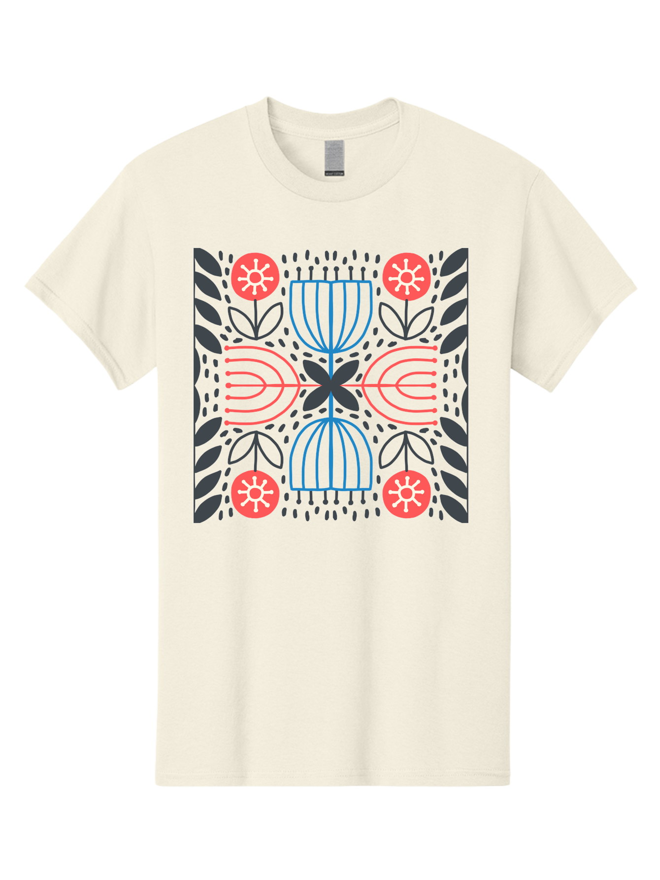 Floral-Pattern-5 Men'S Graphic Tee, 100% Cotton, Comfortable Casual Summer Wear, Machine Washable, Abstract Floral Pattern, Symmetrical Design, Red Flowers, White Centers, Blue And Pink Lines, Black Leaves, Geometric Shapes, Modern Art, Aab715