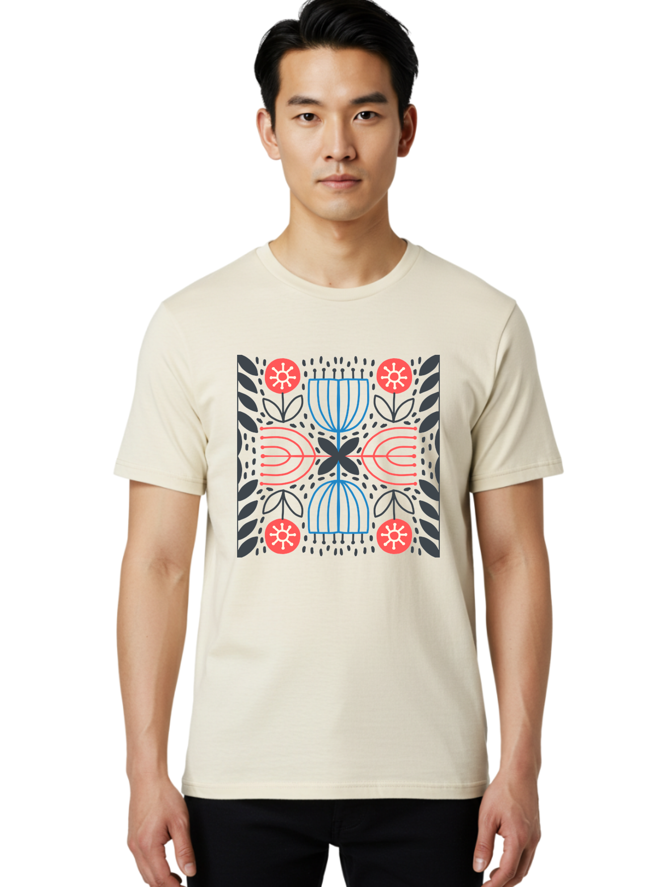 Floral-Pattern-5 Men'S Graphic Tee, 100% Cotton, Comfortable Casual Summer Wear, Machine Washable, Abstract Floral Pattern, Symmetrical Design, Red Flowers, White Centers, Blue And Pink Lines, Black Leaves, Geometric Shapes, Modern Art, Aab715