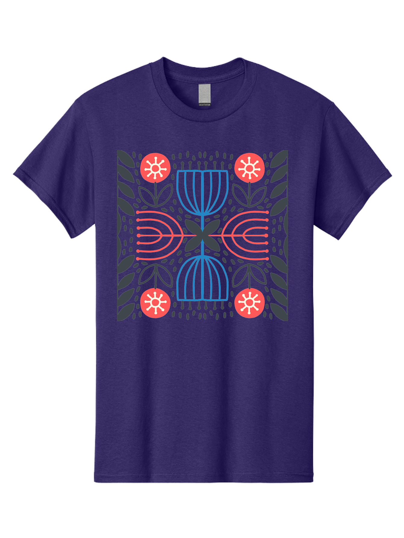 Floral-Pattern-5 Men'S Graphic Tee, 100% Cotton, Comfortable Casual Summer Wear, Machine Washable, Abstract Floral Pattern, Symmetrical Design, Red Flowers, White Centers, Blue And Pink Lines, Black Leaves, Geometric Shapes, Modern Art, Aab715