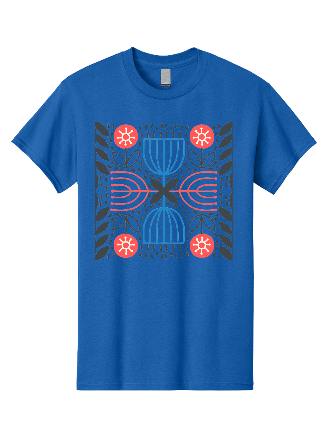 Floral-Pattern-5 Men'S Graphic Tee, 100% Cotton, Comfortable Casual Summer Wear, Machine Washable, Abstract Floral Pattern, Symmetrical Design, Red Flowers, White Centers, Blue And Pink Lines, Black Leaves, Geometric Shapes, Modern Art, Aab715