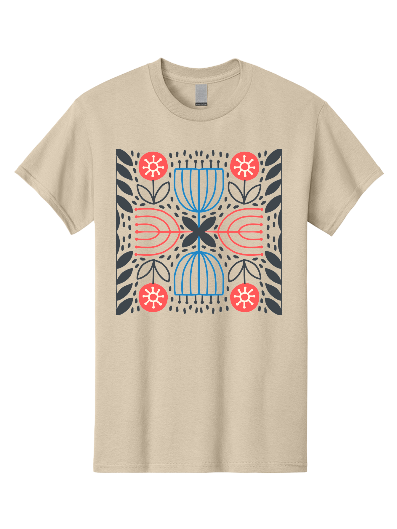 Floral-Pattern-5 Men'S Graphic Tee, 100% Cotton, Comfortable Casual Summer Wear, Machine Washable, Abstract Floral Pattern, Symmetrical Design, Red Flowers, White Centers, Blue And Pink Lines, Black Leaves, Geometric Shapes, Modern Art, Aab715