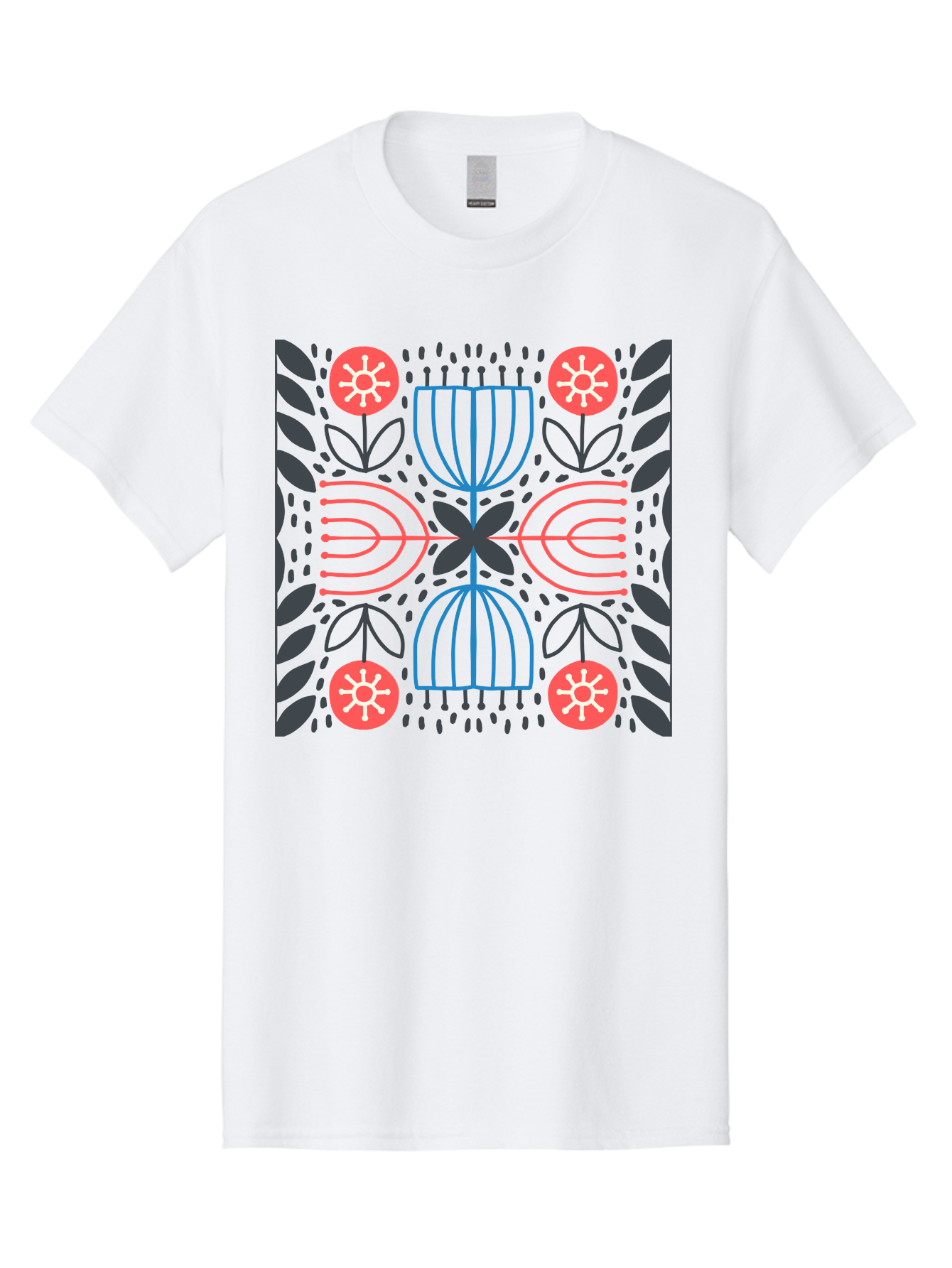 Floral-Pattern-5 Men'S Graphic Tee, 100% Cotton, Comfortable Casual Summer Wear, Machine Washable, Abstract Floral Pattern, Symmetrical Design, Red Flowers, White Centers, Blue And Pink Lines, Black Leaves, Geometric Shapes, Modern Art, Aab715