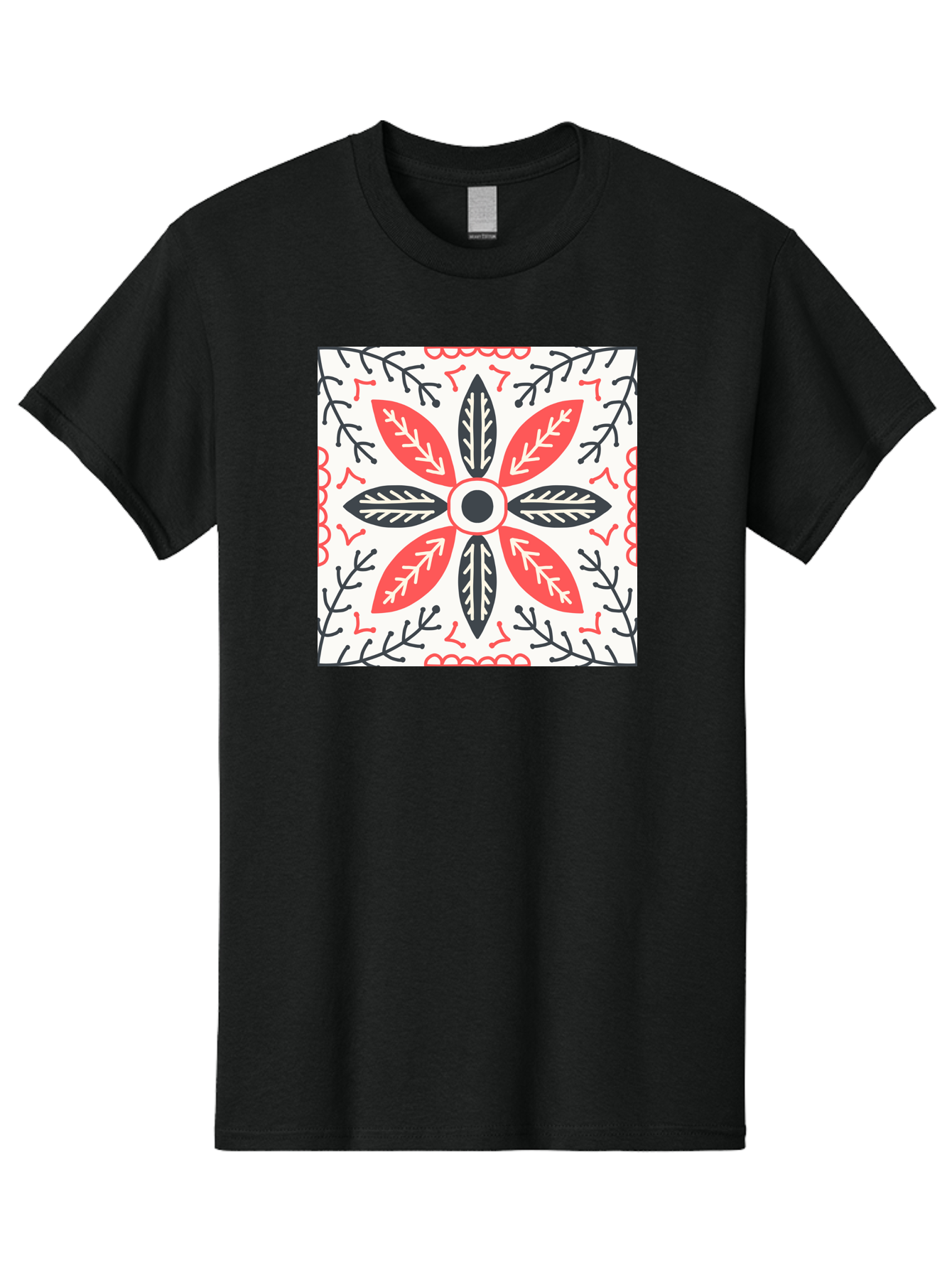 Floral-Pattern-6 Men'S Graphic Tee, 100% Cotton, Comfortable Casual Summer Wear, Machine Washable, Symmetrical Floral Design, Folk Art, Traditional Patterns, Red And Black Hues, Intricate Details, Decorative Elements, Ornate Style, Aab716
