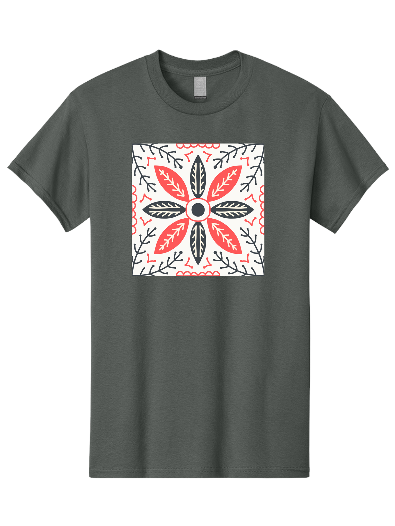 Floral-Pattern-6 Men'S Graphic Tee, 100% Cotton, Comfortable Casual Summer Wear, Machine Washable, Symmetrical Floral Design, Folk Art, Traditional Patterns, Red And Black Hues, Intricate Details, Decorative Elements, Ornate Style, Aab716
