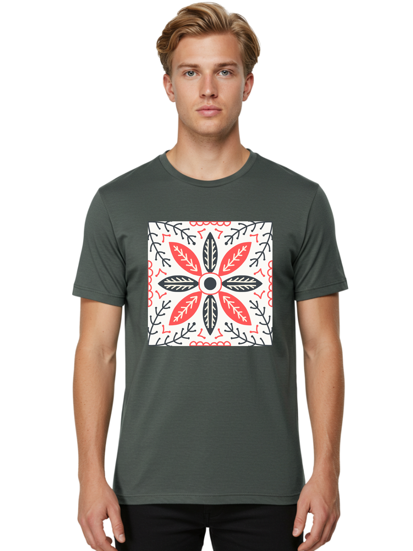 Floral-Pattern-6 Men'S Graphic Tee, 100% Cotton, Comfortable Casual Summer Wear, Machine Washable, Symmetrical Floral Design, Folk Art, Traditional Patterns, Red And Black Hues, Intricate Details, Decorative Elements, Ornate Style, Aab716