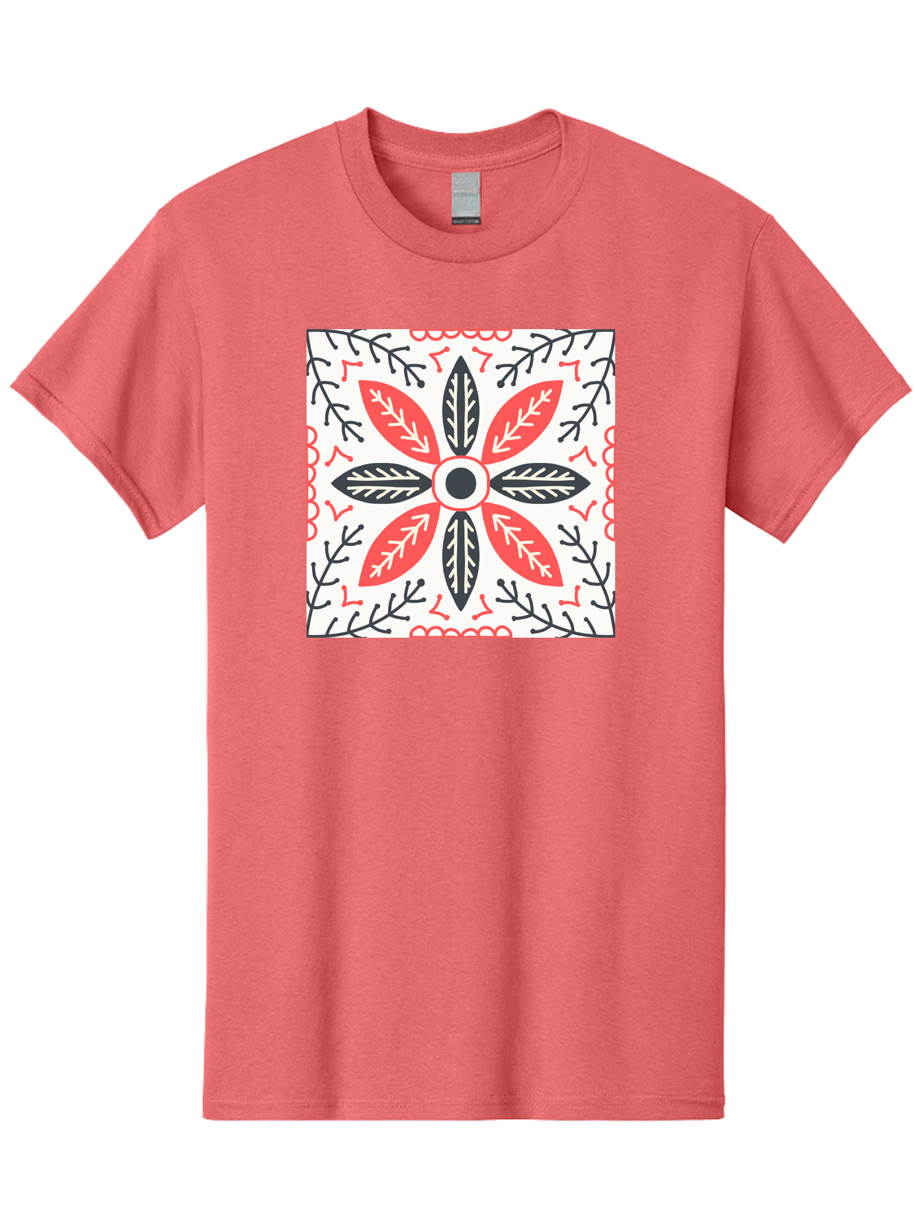 Floral-Pattern-6 Men'S Graphic Tee, 100% Cotton, Comfortable Casual Summer Wear, Machine Washable, Symmetrical Floral Design, Folk Art, Traditional Patterns, Red And Black Hues, Intricate Details, Decorative Elements, Ornate Style, Aab716