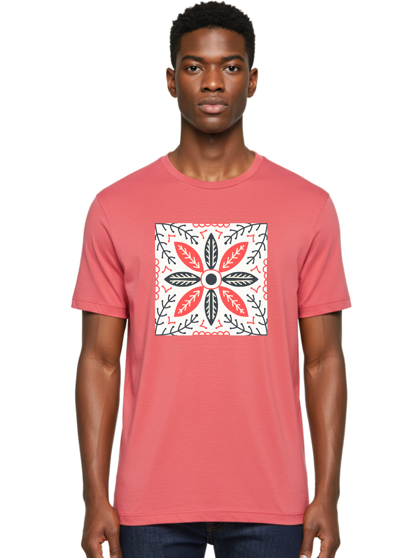 Floral-Pattern-6 Men'S Graphic Tee, 100% Cotton, Comfortable Casual Summer Wear, Machine Washable, Symmetrical Floral Design, Folk Art, Traditional Patterns, Red And Black Hues, Intricate Details, Decorative Elements, Ornate Style, Aab716