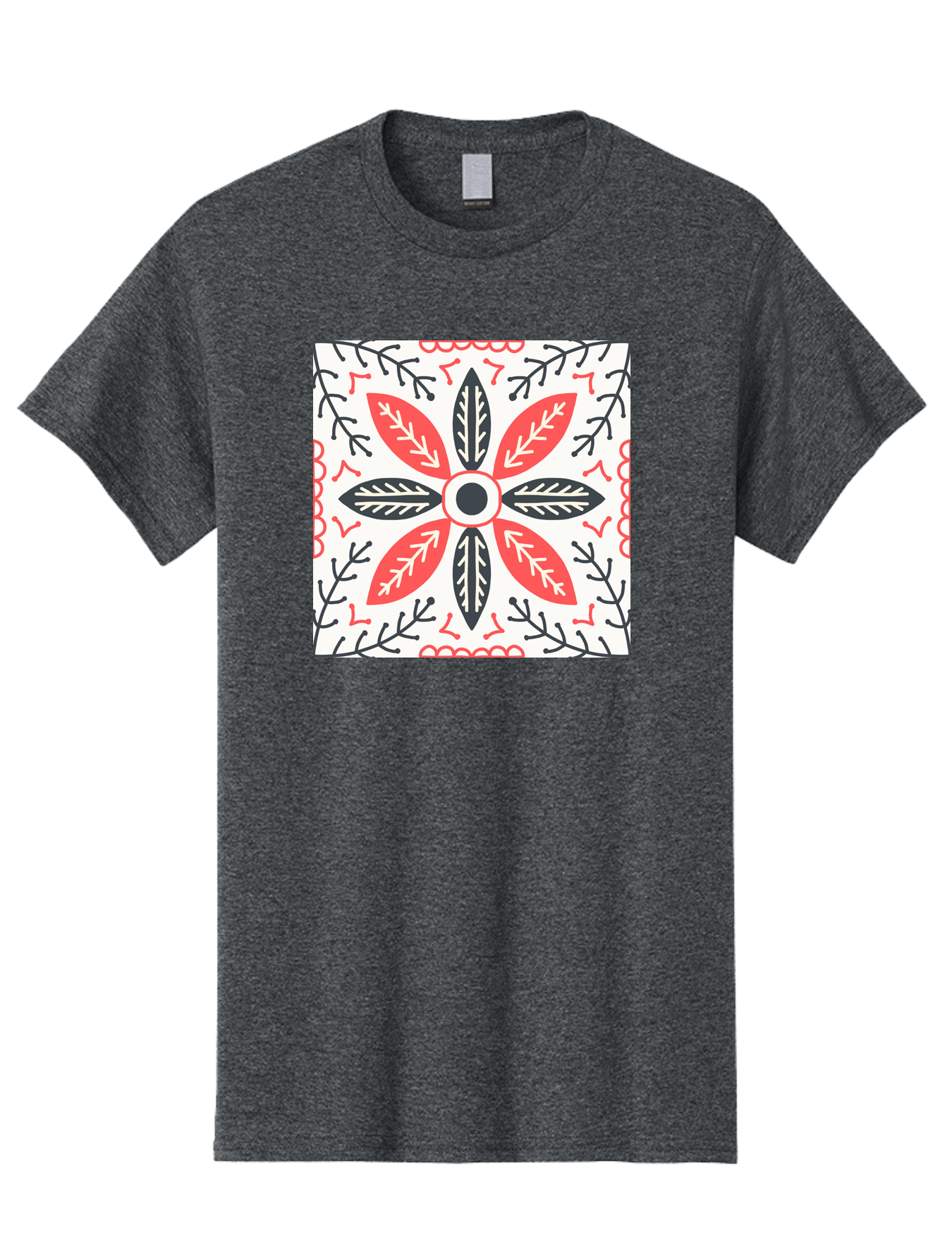 Floral-Pattern-6 Men'S Graphic Tee, 100% Cotton, Comfortable Casual Summer Wear, Machine Washable, Symmetrical Floral Design, Folk Art, Traditional Patterns, Red And Black Hues, Intricate Details, Decorative Elements, Ornate Style, Aab716