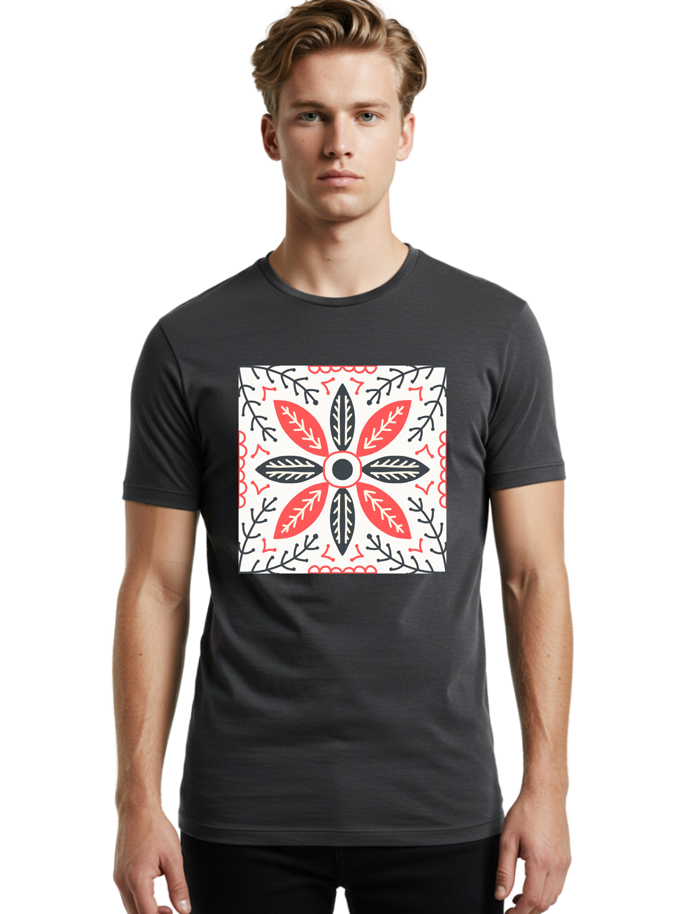 Floral-Pattern-6 Men'S Graphic Tee, 100% Cotton, Comfortable Casual Summer Wear, Machine Washable, Symmetrical Floral Design, Folk Art, Traditional Patterns, Red And Black Hues, Intricate Details, Decorative Elements, Ornate Style, Aab716