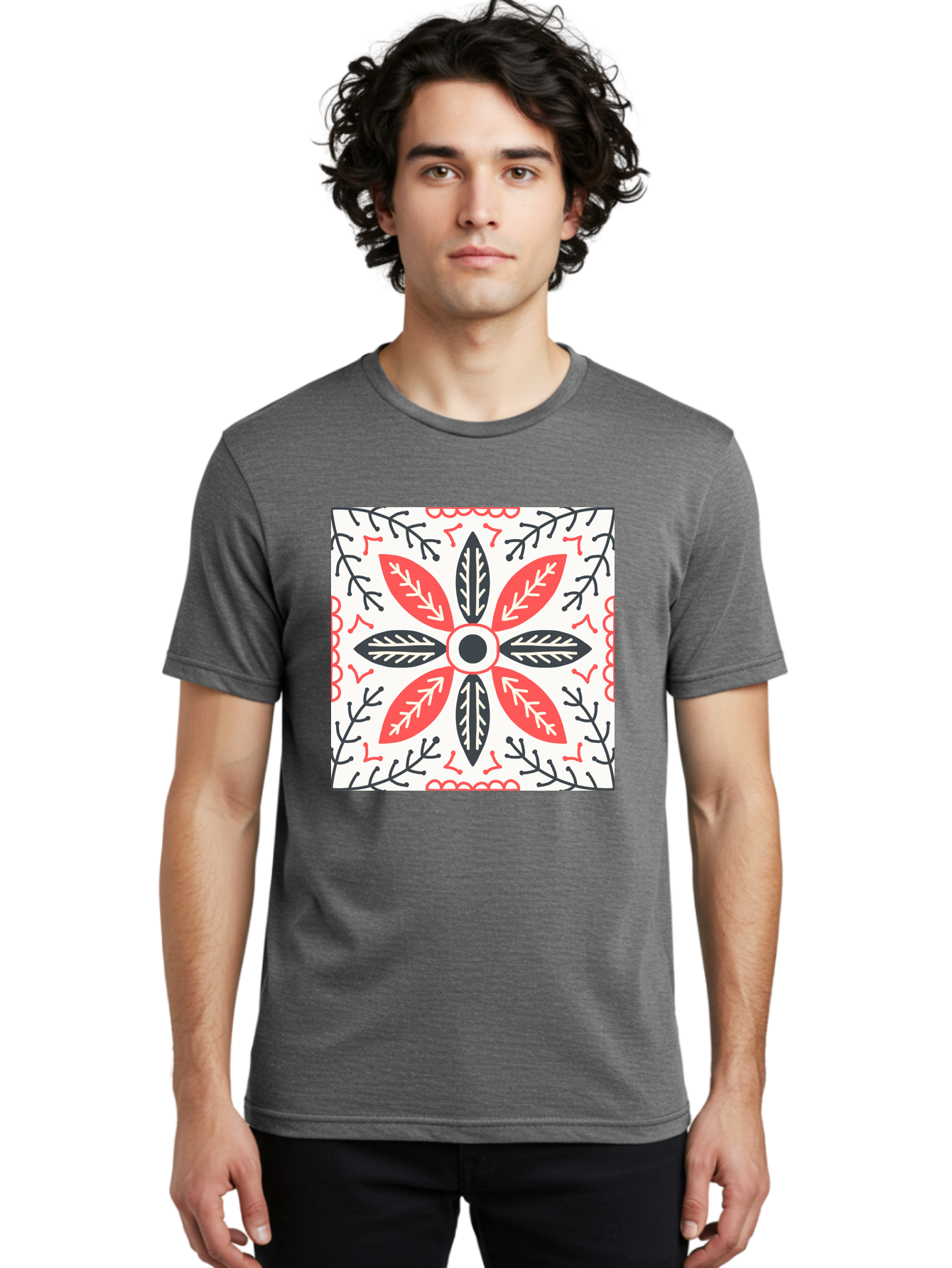 Floral-Pattern-6 Men'S Graphic Tee, 100% Cotton, Comfortable Casual Summer Wear, Machine Washable, Symmetrical Floral Design, Folk Art, Traditional Patterns, Red And Black Hues, Intricate Details, Decorative Elements, Ornate Style, Aab716