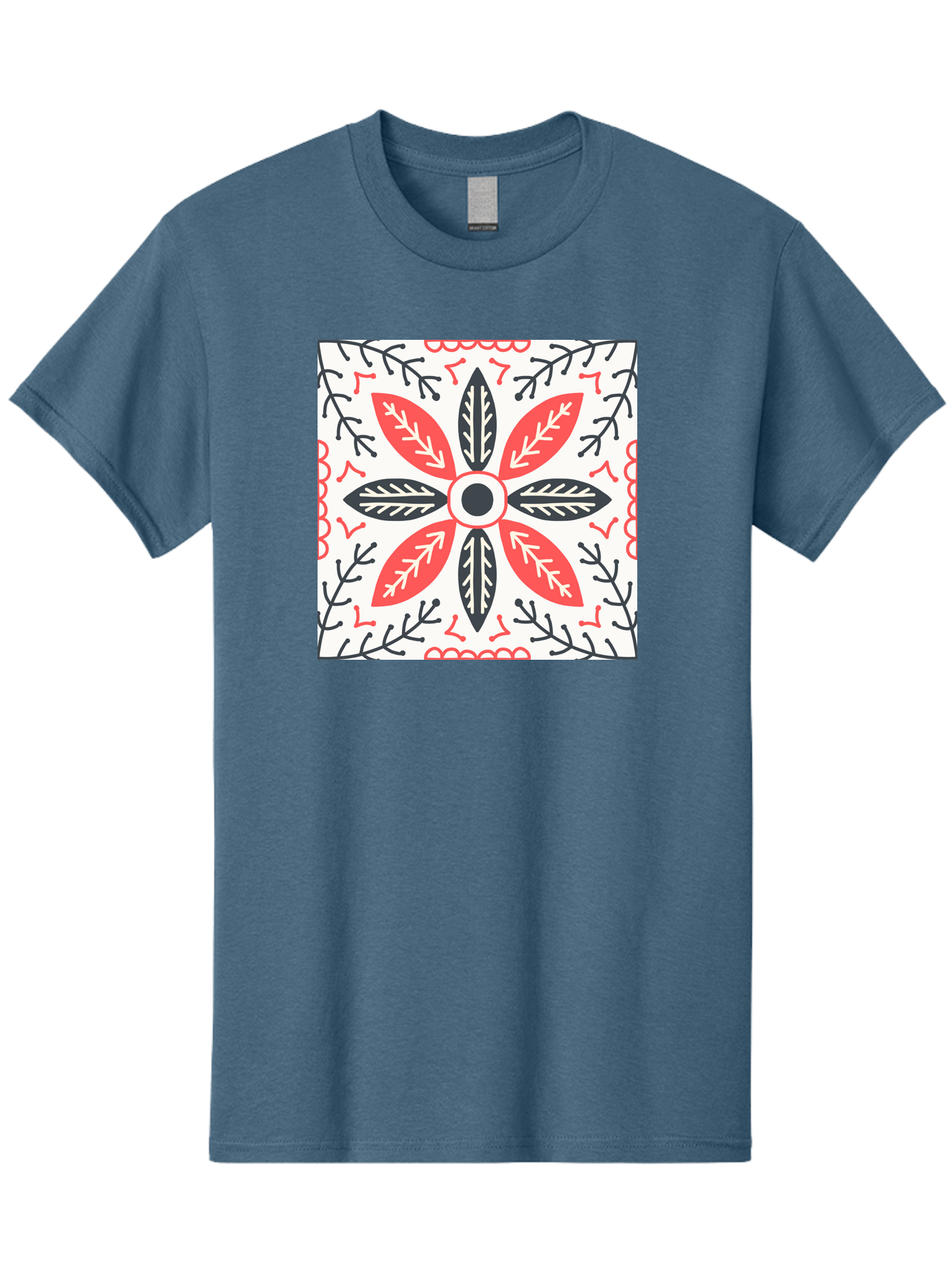 Floral-Pattern-6 Men'S Graphic Tee, 100% Cotton, Comfortable Casual Summer Wear, Machine Washable, Symmetrical Floral Design, Folk Art, Traditional Patterns, Red And Black Hues, Intricate Details, Decorative Elements, Ornate Style, Aab716