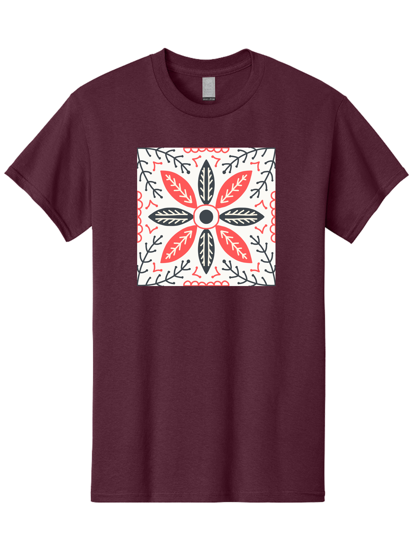 Floral-Pattern-6 Men'S Graphic Tee, 100% Cotton, Comfortable Casual Summer Wear, Machine Washable, Symmetrical Floral Design, Folk Art, Traditional Patterns, Red And Black Hues, Intricate Details, Decorative Elements, Ornate Style, Aab716