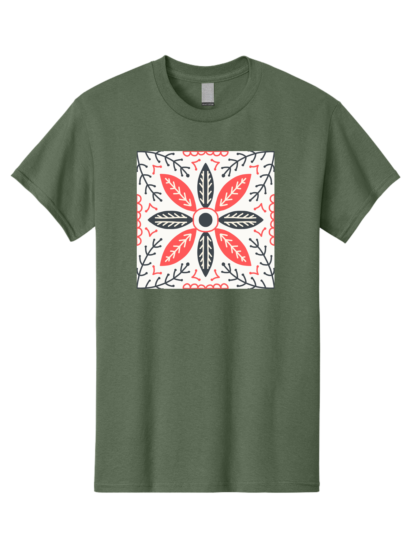 Floral-Pattern-6 Men'S Graphic Tee, 100% Cotton, Comfortable Casual Summer Wear, Machine Washable, Symmetrical Floral Design, Folk Art, Traditional Patterns, Red And Black Hues, Intricate Details, Decorative Elements, Ornate Style, Aab716